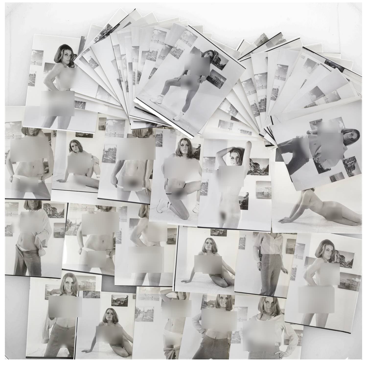 Erotica, étude de nu, photographies érotiques et divers. Circa 1950-70. Ensemble de plus d’une quarantaine de tirages argentiques. Exemples de sujets : femmes nues, dénudées, sexe féminin, Michèle Frazier, etc. Sur certains versos, annotations. Divers états (dont gondolements, plis et traces) et formats entiers moyens environ 24 x 18 cm.