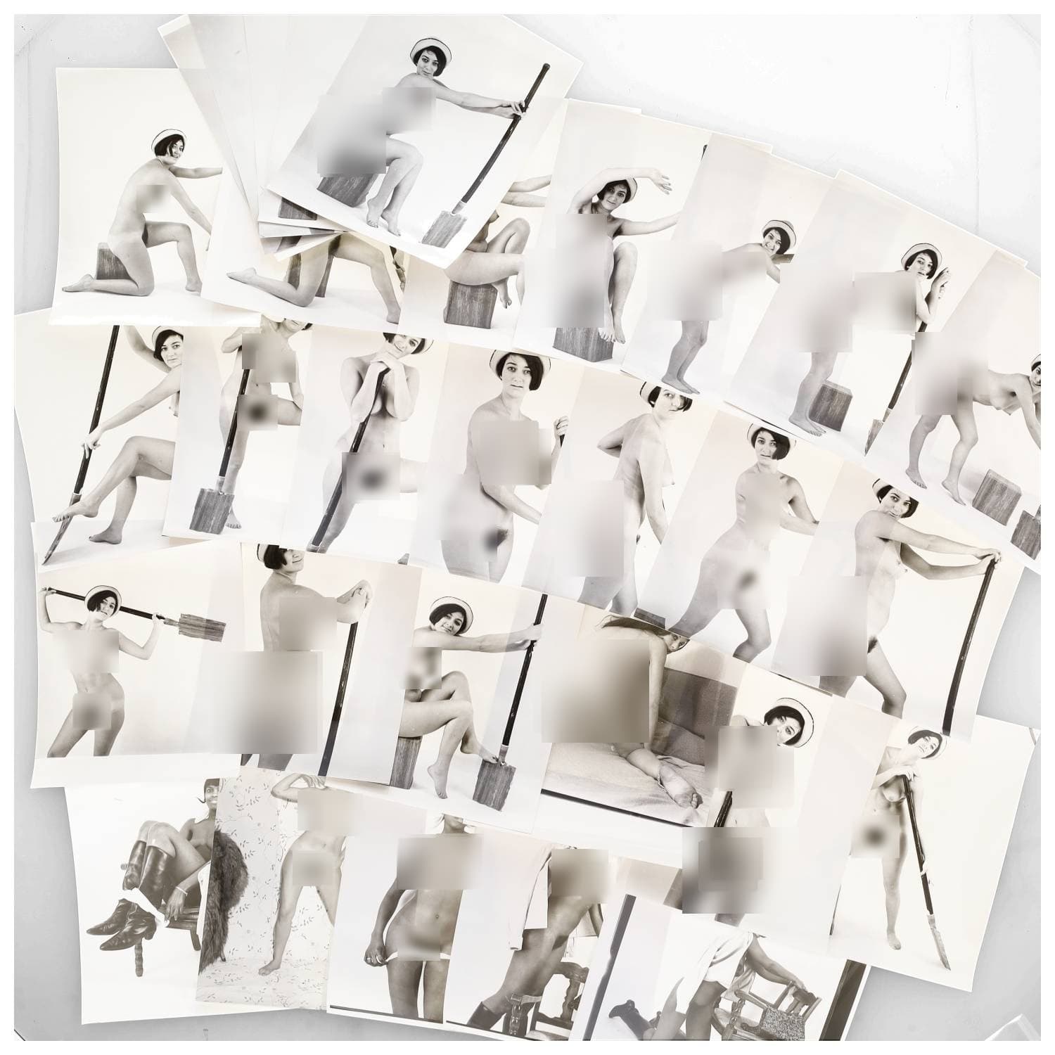Erotica, étude de nu, photographies érotiques et divers. Circa 1950-70. Ensemble d’une trentaine de tirages argentiques. Exemples de sujets : femmes nues, dénudées, sexe féminin, etc. Sur certains versos, annotations. Divers états (dont gondolements, plis et traces) et formats entiers moyens environ de 24 x 18 cm à 25,5 x 20,5 cm.