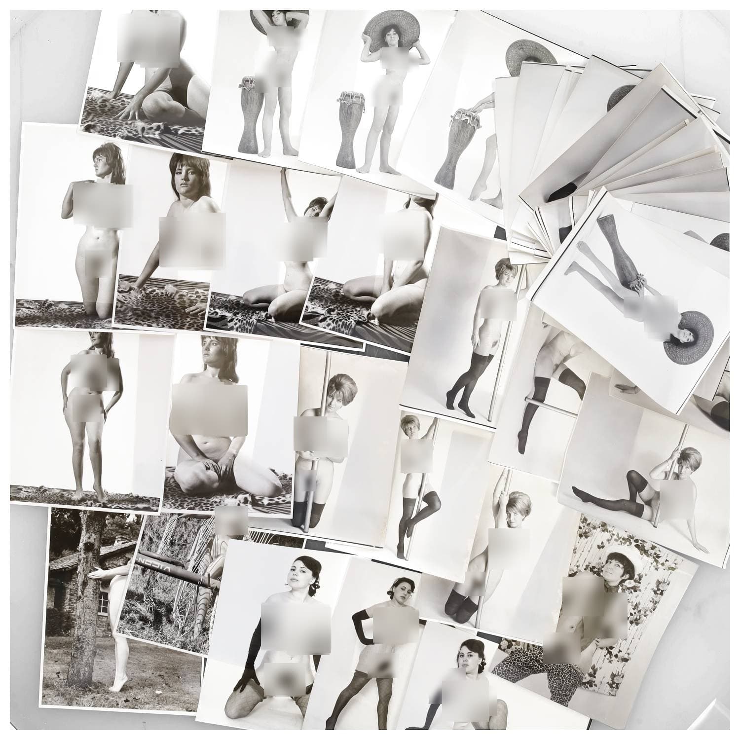 Erotica, étude de nu, photographies érotiques et divers. Circa 1950-70. Ensemble d’une quarantaine de tirages argentiques. Exemples de sujets : femmes nues, dénudées, sexe féminin, etc. Sur certains versos, annotations. Divers états (dont gondolements, plis et traces) et formats entiers moyens environ de 24 x 18 cm à 26 x 20 cm.