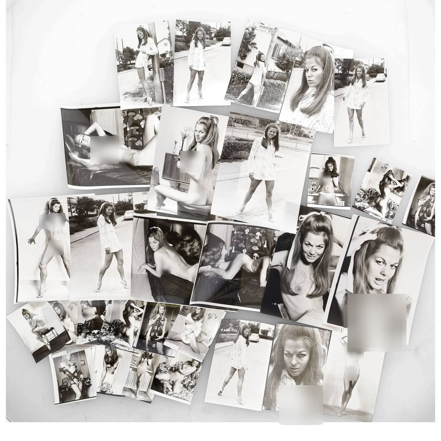 Erotica, étude de nu, photographies érotiques et divers. Circa 1950-60’s. Ensemble d’une trentaine de tirages argentiques. Exemples de sujets : même modèle, femme nue, dénudée, sexe féminin, ‘Scandinave’, etc. Sur certains versos, annotations et/ou copyright. Divers états (dont gondolements, plis et traces) et formats entiers moyens environ de 12 x 8,5 cm à 24 x 18 cm.