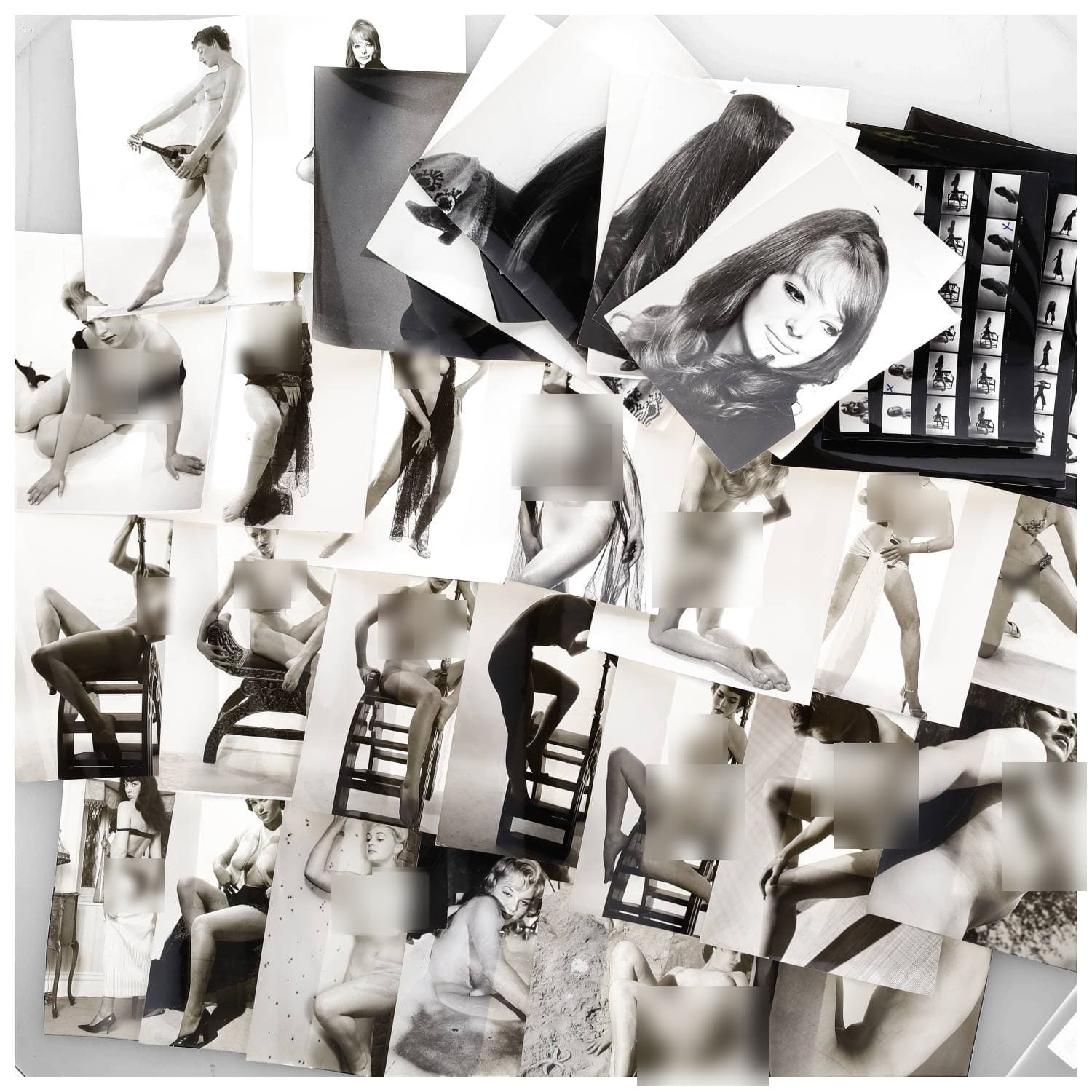 Erotica, étude de nu, photographies érotiques et divers. Circa 1950-70. Ensemble d’une trentaine de tirages argentiques principalement d’époque. Exemples de sujets : femmes nues, dénudées, sexes féminins, poitrine féminine, Margot Travers, etc. Sur certains versos, annotations et/ou copyright (exemple : Russel GAY ou encore Alain ARMEZ). Divers états (dont gondolements, plis et traces) et formats entiers moyens environ de 25 x 12 cm à 25,5 x 20,5 cm. Sont jointes des planches-contacts.