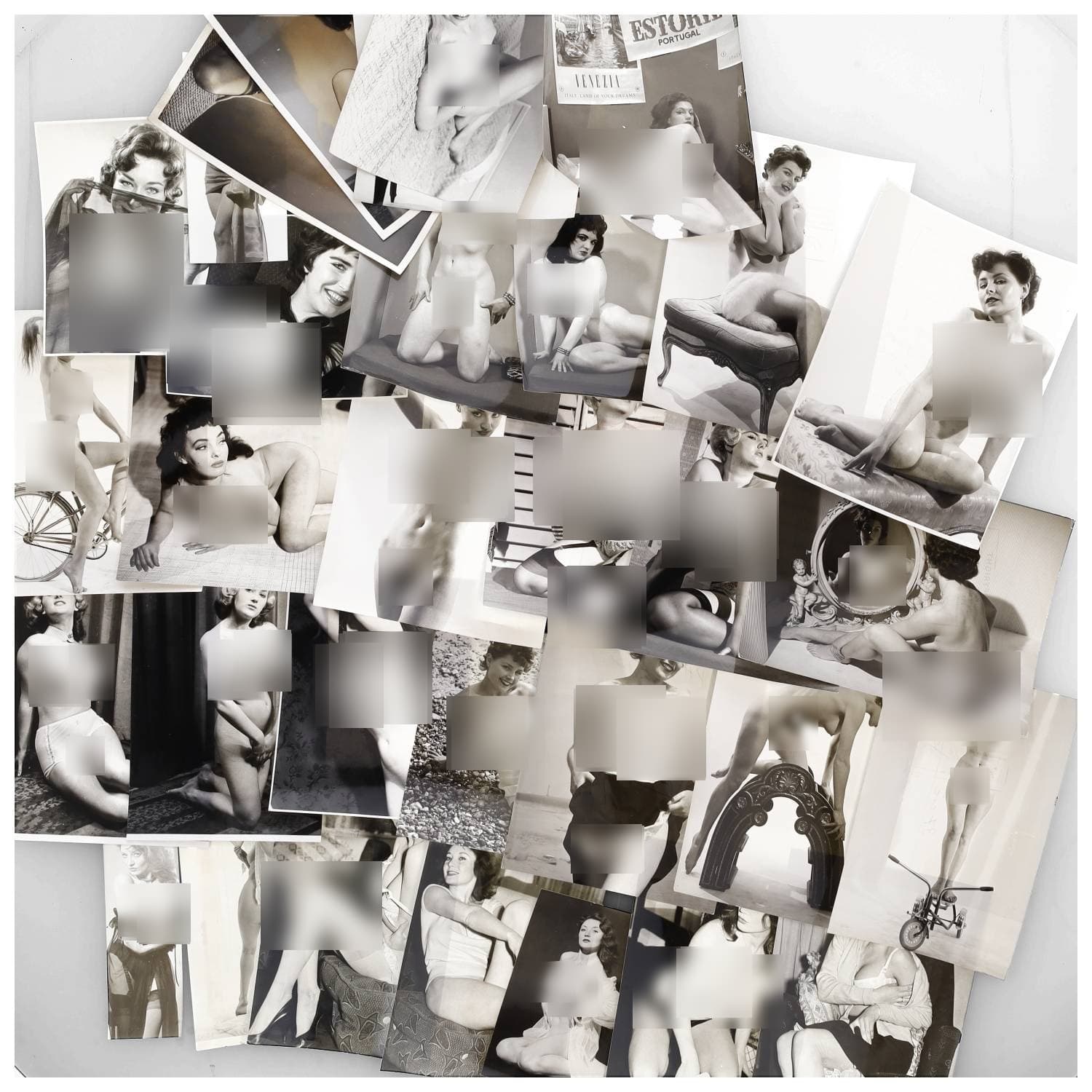 Erotica, étude de nu, photographies érotiques et divers. Circa 1950-70. Ensemble d’une trentaine de tirages argentiques principalement d’époque. Exemples de sujets : femmes nues, dénudées, sexes féminins, poitrine féminine, etc. Sur certains versos, annotations et/ou copyright (dont Russel GAY). Divers états (dont gondolements, plis et traces) et formats entiers moyens environ de 16,5 x 11 cm à 24,5 x 19,5 cm.
