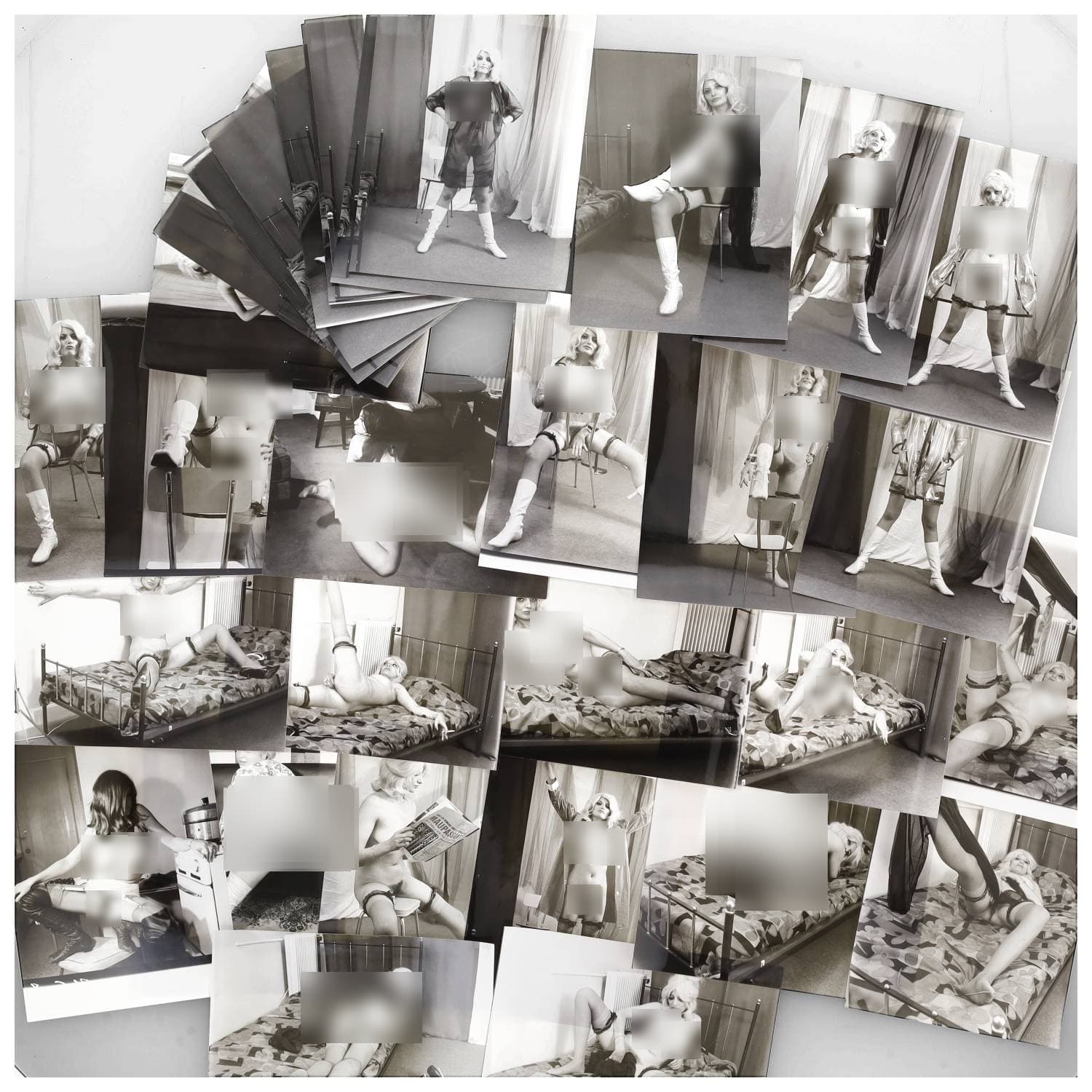 Erotica, étude de nu, photographies érotiques, pornographiques et divers. Circa 1950-60. Ensemble d’une trentaine de tirages argentiques. Exemples de sujets : femme nue, dénudées, sexe féminin, fessier, poitrine, macrophotographie, etc. Sur certains versos, annotations. Divers états (dont gondolements, plis et traces) et formats entiers moyens environ 24 x 18 cm.