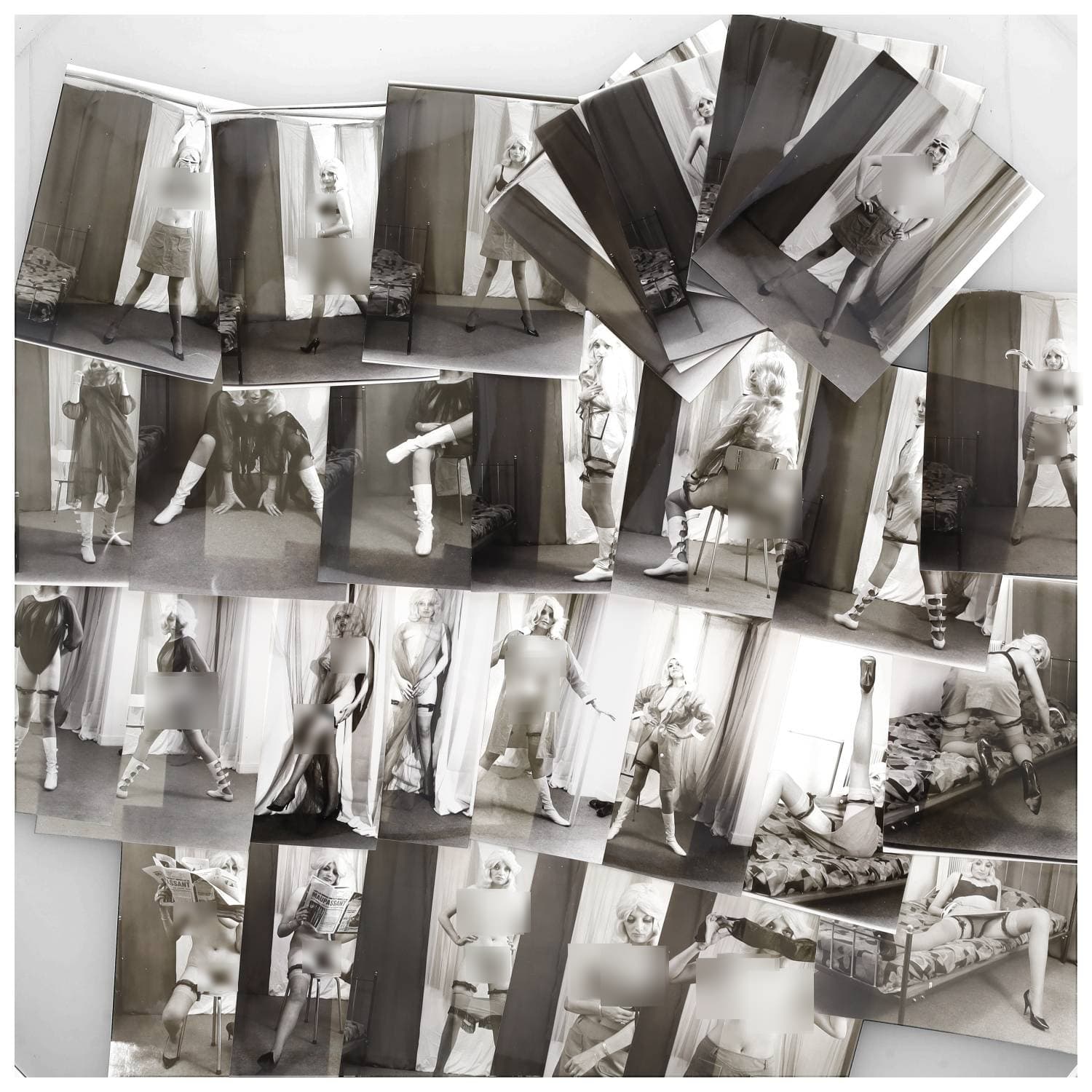Erotica, étude de nu, photographies érotiques et divers. Circa 1950-60. Ensemble d’une trentaine de tirages argentiques. Exemples de sujets : femme nue, dénudée, sexe féminin, fessier, poitrine, etc. Sur certains versos, annotations. Divers états (dont gondolements, plis et traces) et formats entiers moyens environ 24 x 18 cm.