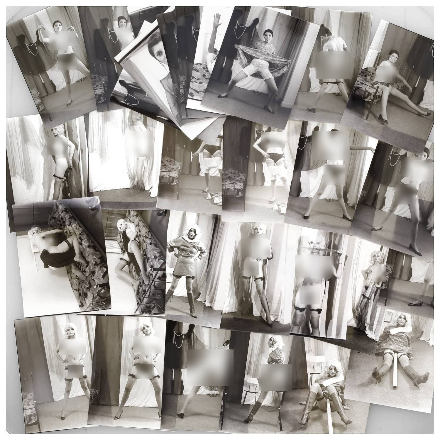 Erotica, étude de nu, photographies érotiques et divers. Circa 1950-60. Ensemble d’une trentaine de tirages argentiques. Exemples de sujets : femme nue, dénudée, sexe féminin, fessier, poitrine, etc. Sur certains versos, annotations. Divers états (dont gondolements, plis et traces) et formats entiers moyens environ 24 x 18 cm.