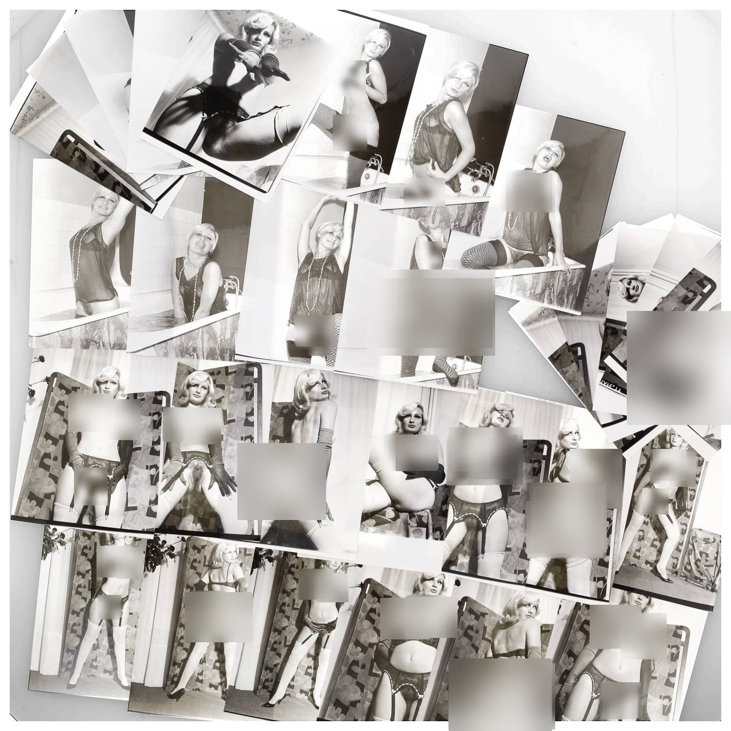 Erotica, étude de nu, photographies érotiques et divers. Circa 1950-60. Ensemble d’une trentaine de tirages argentiques. Exemples de sujets : femmes nues, dénudées, sexe féminin, fessier, poitrine, etc. Sur certains versos, annotations. Divers états (dont gondolements, plis et traces) et formats entiers moyens environ 24 x 18 cm.