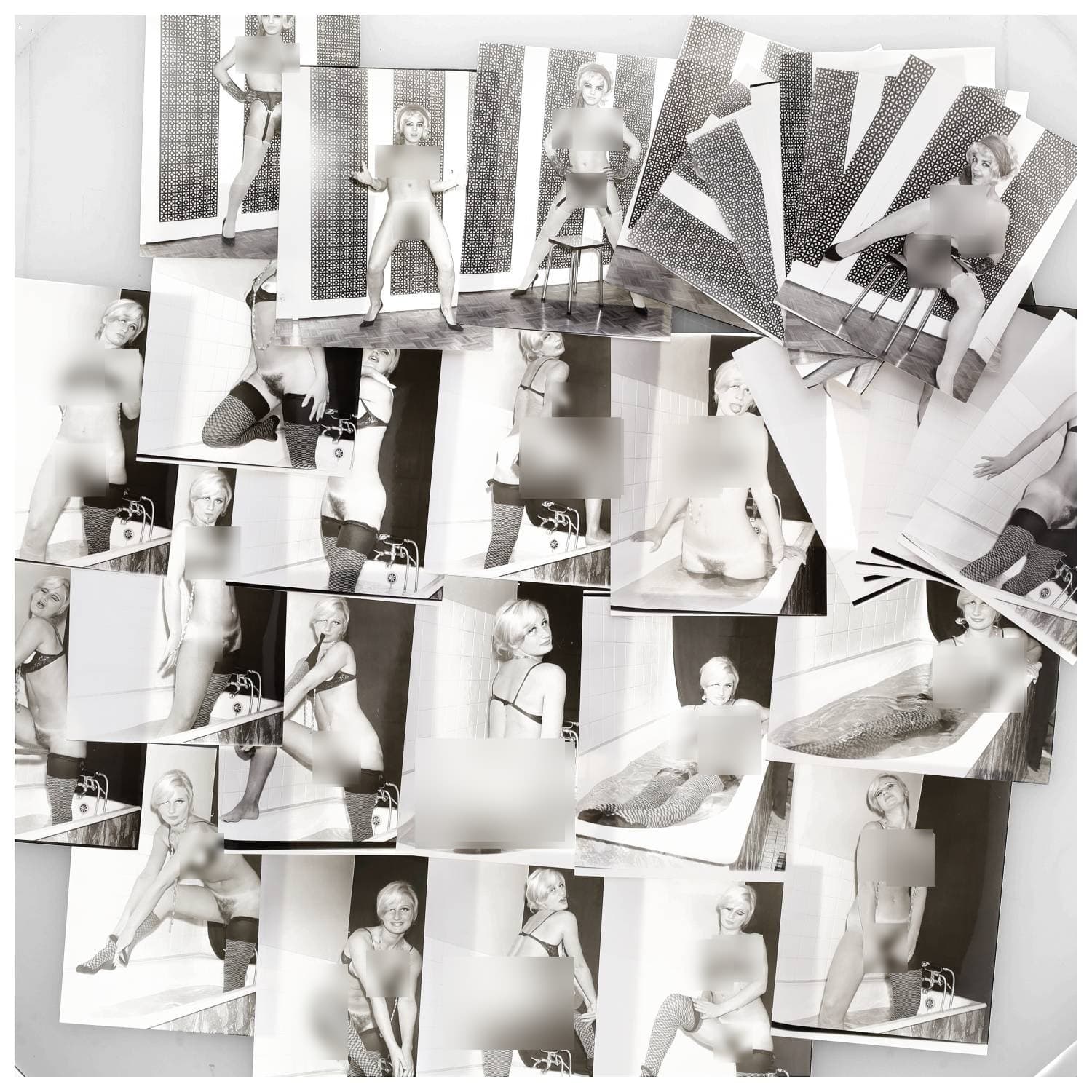 Erotica, étude de nu, photographies érotiques et divers. Circa 1950-60. Ensemble d’une trentaine de tirages argentiques. Exemples de sujets : femme nue, dénudée, sexe féminin, fessier, poitrine, etc. Sur certains versos, annotations. Divers états (dont gondolements, plis et traces) et formats entiers moyens environ 24 x 18 cm.