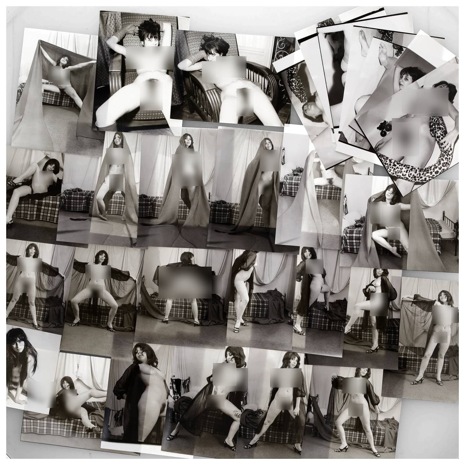 Erotica, étude de nu, photographies érotiques et divers. Circa 1950-60’s. Ensemble d’une trentaine de tirages argentiques. Exemples de sujets : femmes nues, dénudées, sexe féminin, fessier, poitrine, ‘Scandinaves’, etc. Sur certains versos, annotations. Divers états (dont gondolements, plis et traces) et formats entiers moyens environ 24 x 18 cm.