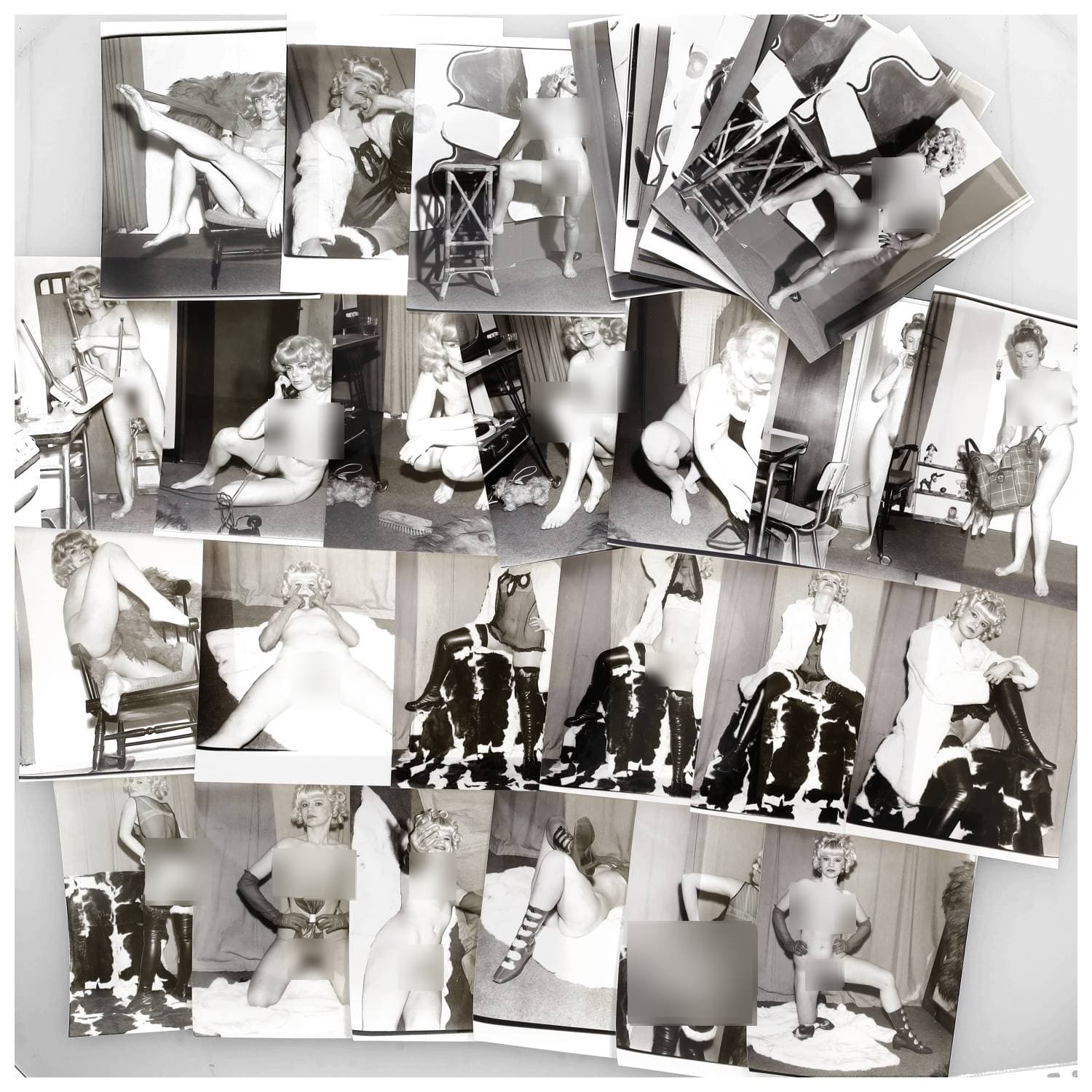 Erotica, étude de nu, photographies érotiques et divers. Circa 1950-60’s. Ensemble d’une trentaine de tirages argentiques. Exemples de sujets : femmes nues, dénudées, sexe féminin, fessier, poitrine, ‘Scandinaves’, etc. Sur certains versos, annotations. Divers états (dont gondolements, plis et traces) et formats entiers moyens environ 24 x 18 cm.