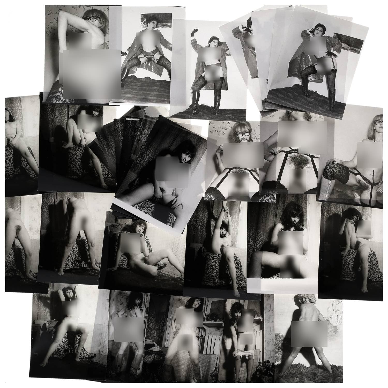 Erotica, étude de nu, photographies érotiques et divers. Circa 1950-60’s. Ensemble d’une trentaine de tirages argentiques. Exemples de sujets : femmes nues, dénudées, sexe féminin, fessier, poitrine, ‘Scandinaves’, etc. Sur certains versos, annotations. Divers états (dont gondolements, plis et traces) et formats entiers moyens environ 24 x 18 cm.