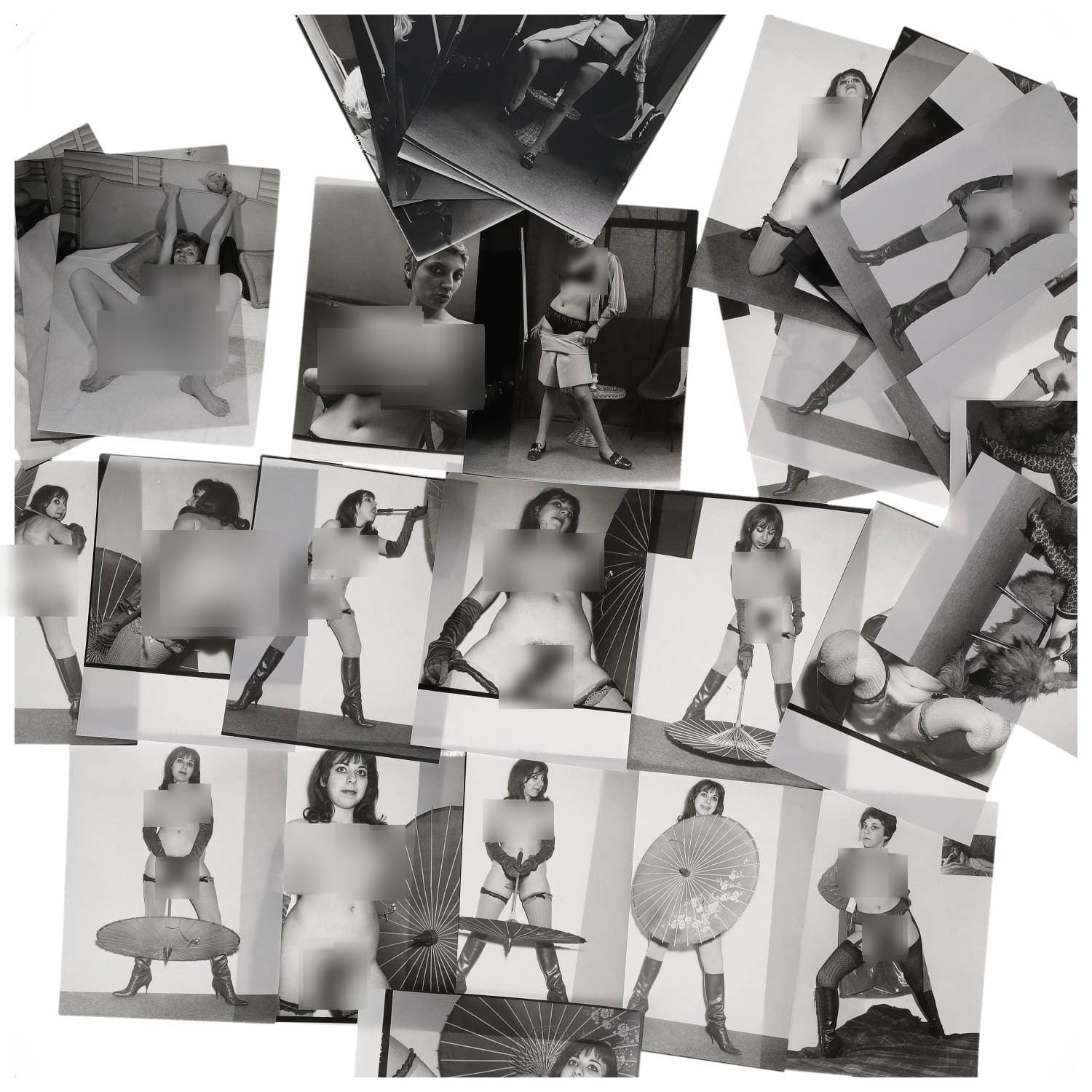 Erotica, étude de nu, photographies érotiques et divers. Circa 1950-60’s. Ensemble d’une trentaine de tirages argentiques. Exemples de sujets : femmes nues, dénudées, sexe féminin, fessier, poitrine, ‘Scandinaves’, etc. Sur certains versos, annotations. Divers états (dont gondolements, plis et traces) et formats entiers moyens environ 24 x 18 cm.