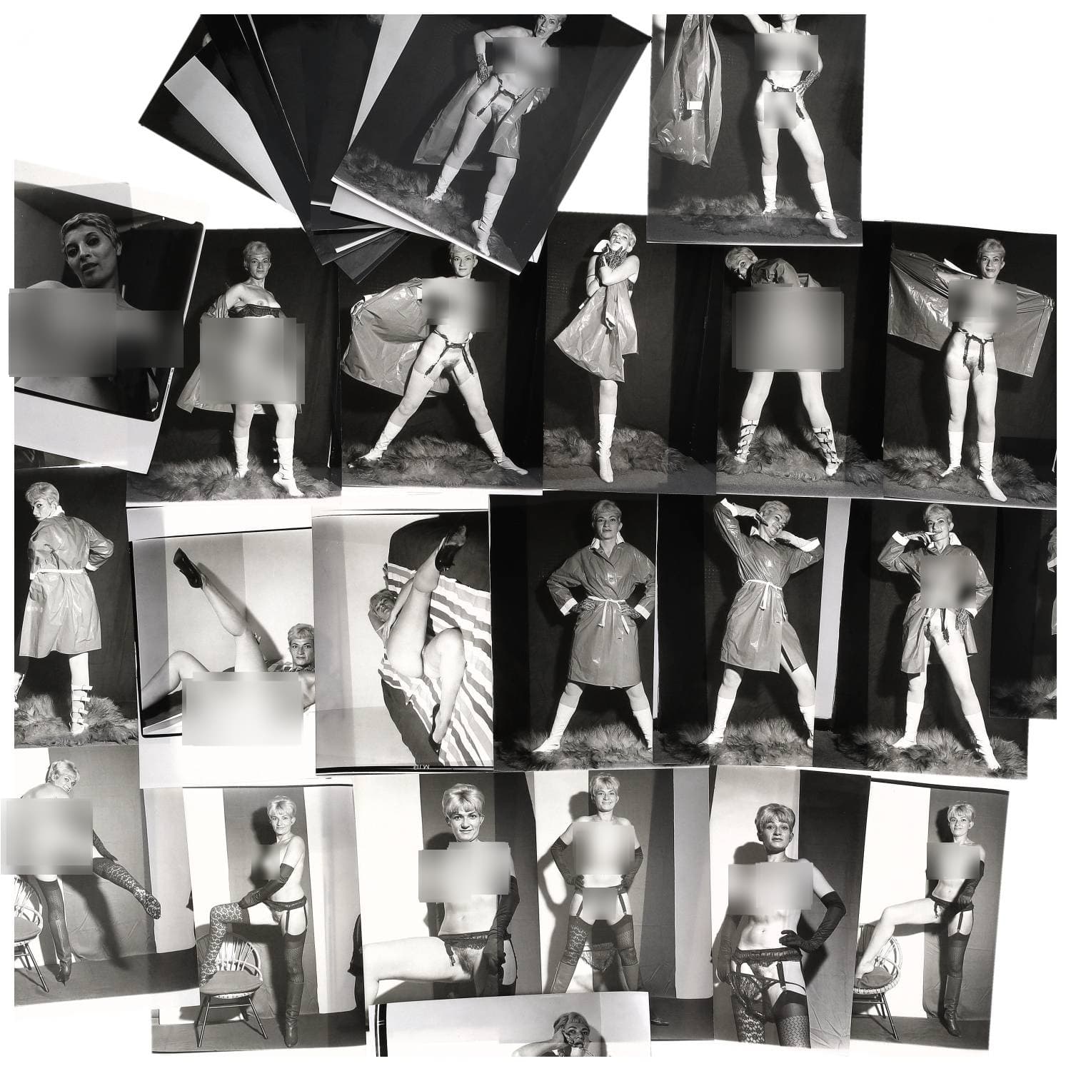 Erotica, étude de nu, photographies érotiques et divers. Circa 1950-60’s. Ensemble d’une trentaine de tirages argentiques. Exemples de sujets : femmes nues, dénudées, sexe féminin, fessier, poitrine, ‘Scandinaves’, etc. Sur certains versos, annotations. Divers états (dont gondolements, plis et traces) et formats entiers moyens environ 24 x 18 cm.