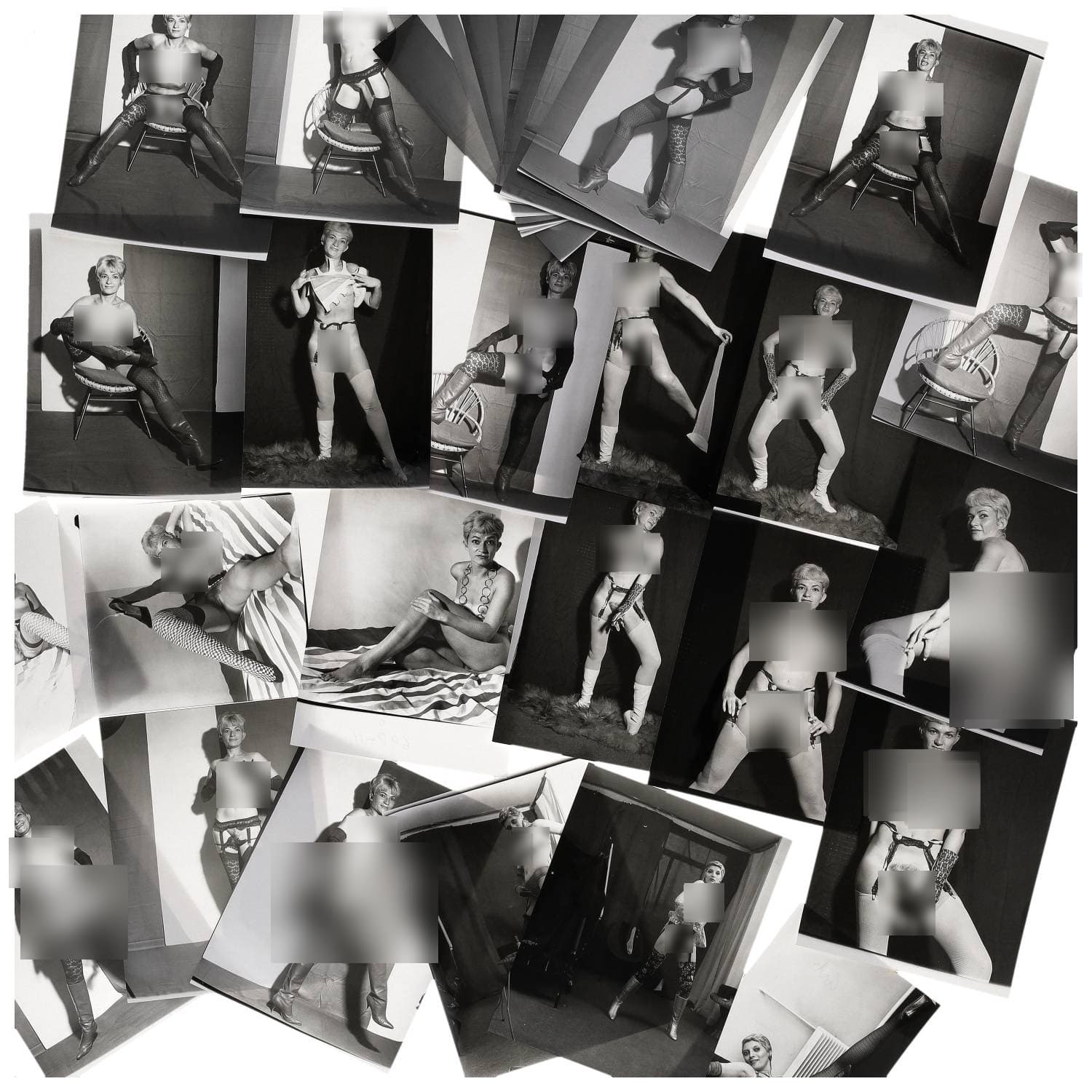 Erotica, étude de nu, photographies érotiques et divers. Circa 1950-60’s. Ensemble d’une trentaine de tirages argentiques. Exemples de sujets : femmes nues, dénudées, sexe féminin, fessier, poitrine, ‘Scandinaves’, etc. Sur certains versos, annotations. Divers états (dont gondolements, plis et traces) et formats entiers moyens environ 24 x 18 cm.
