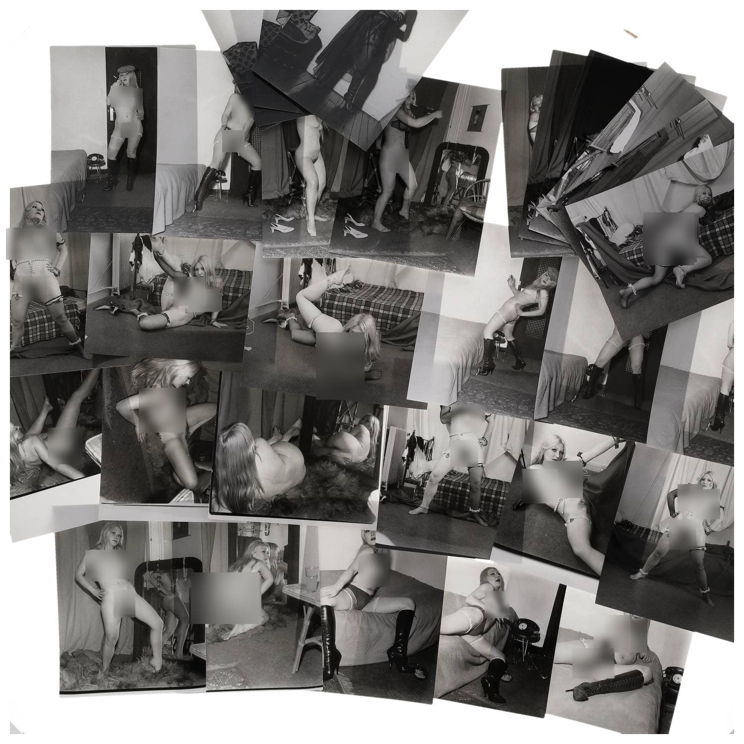 Erotica, étude de nu, photographies érotiques et divers. Circa 1950-60’s. Ensemble d’une trentaine de tirages argentiques. Exemples de sujets : femmes nues, dénudées, sexe féminin, fessier, poitrine, ‘Scandinaves’, etc. Sur certains versos, annotations. Divers états (dont gondolements, plis et traces) et formats entiers moyens environ 24 x 18 cm.