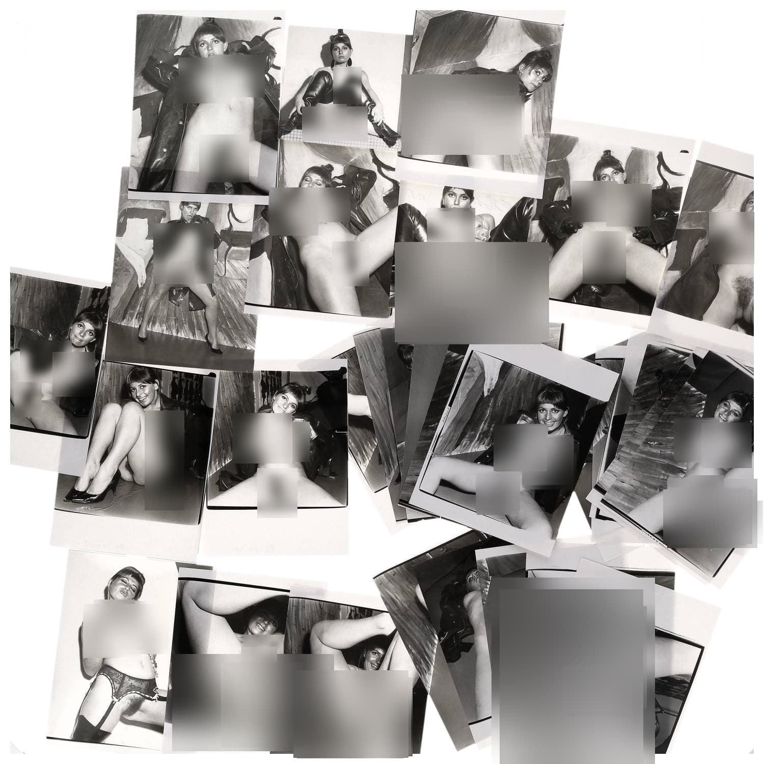 Erotica, étude de nu, photographies érotiques et divers. Circa 1950-60’s. Ensemble d’une trentaine de tirages argentiques. Exemples de sujets : femmes nues, dénudées, sexe féminin, fessier, poitrine, ‘Scandinaves’, etc. Sur certains versos, annotations. Divers états (dont gondolements, plis et traces) et formats entiers moyens environ 24 x 18 cm.