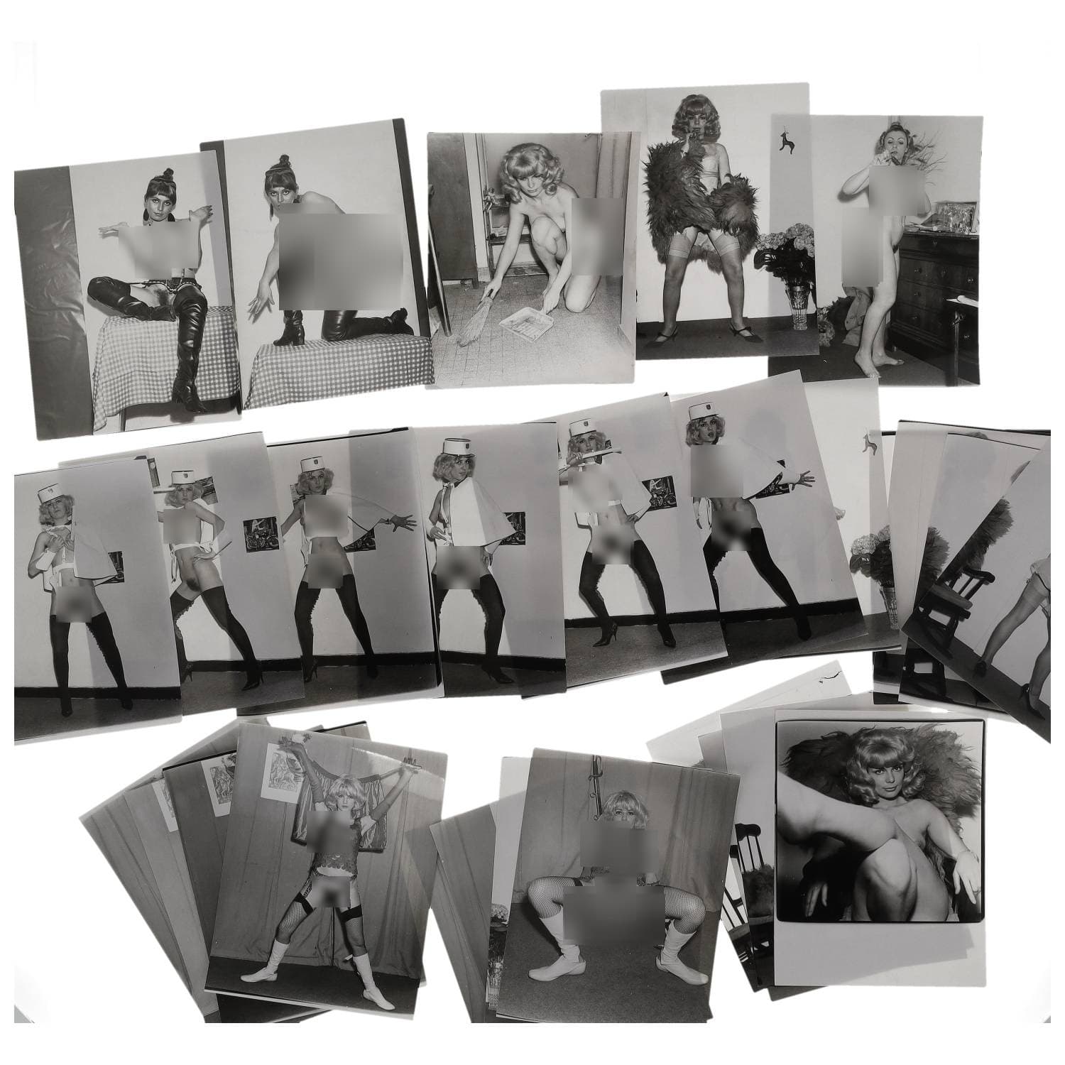 Erotica, étude de nu, photographies érotiques et divers. Circa 1950-60’s. Ensemble d’une trentaine de tirages argentiques. Exemples de sujets : femmes nues, dénudées, sexe féminin, fessier, poitrine, ‘Scandinaves’, etc. Sur certains versos, annotations. Divers états (dont gondolements, plis et traces) et formats entiers moyens environ 24 x 18 cm.