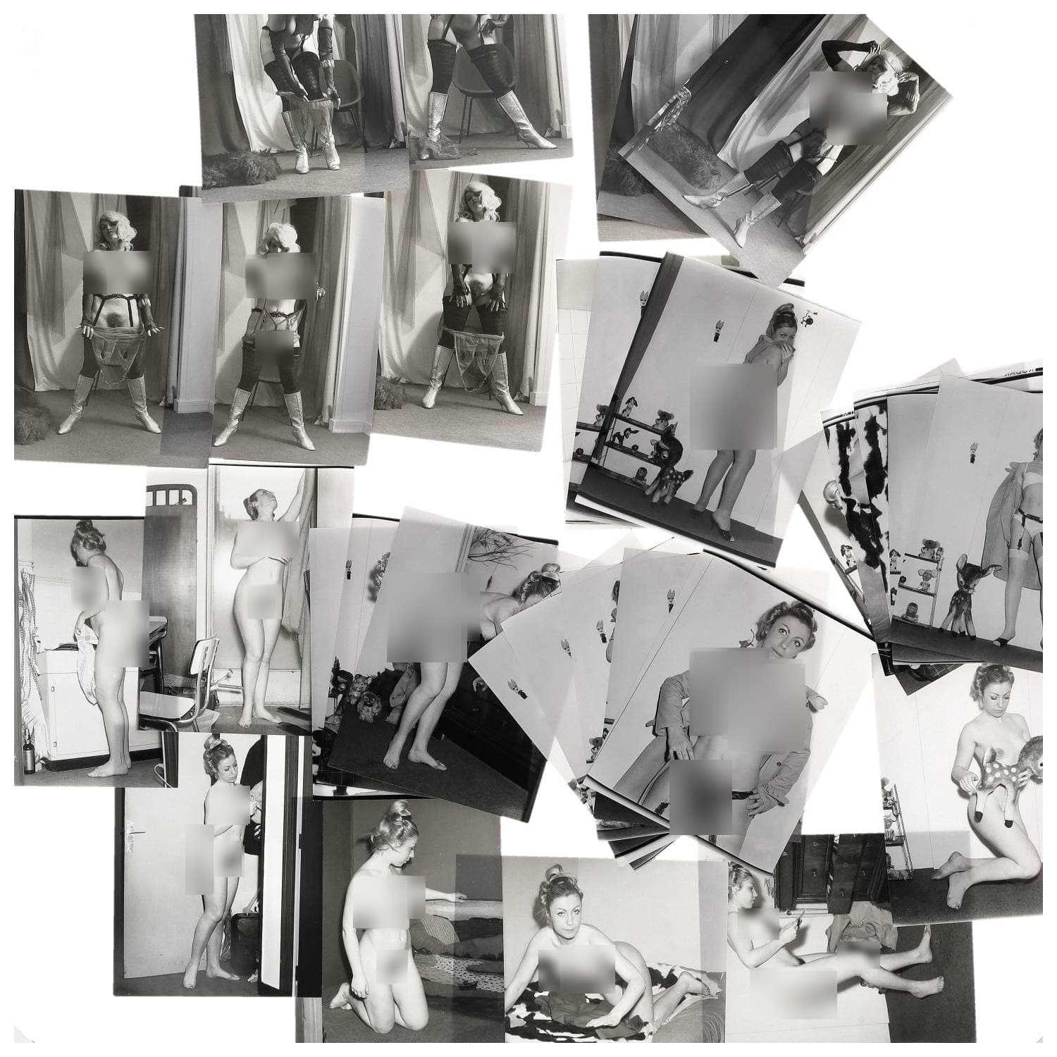 Erotica, étude de nu, photographies érotiques et divers. Circa 1950-60’s. Ensemble d’une trentaine de tirages argentiques. Exemples de sujets : femmes nues, dénudées, sexe féminin, fessier, poitrine, ‘Scandinaves’, etc. Sur certains versos, annotations. Divers états (dont gondolements, plis et traces) et formats entiers moyens environ 24 x 18 cm.