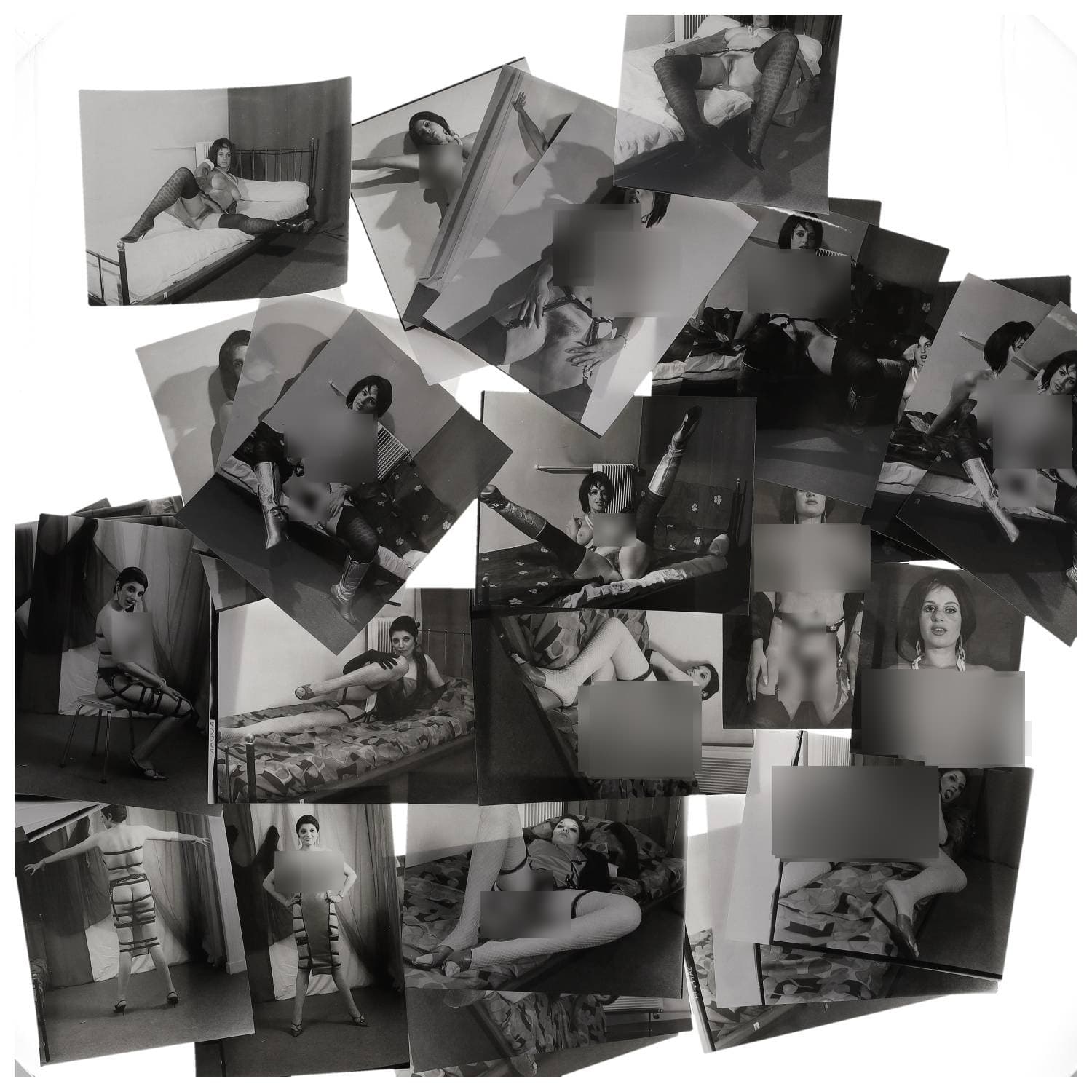 Erotica, étude de nu, photographies érotiques et divers. Circa 1950-60’s. Ensemble d’une trentaine de tirages argentiques. Exemples de sujets : femmes nues, dénudées, sexe féminin, fessier, poitrine, ‘Scandinaves’, etc. Sur certains versos, annotations. Divers états (dont gondolements, plis et traces) et formats entiers moyens environ 24 x 18 cm.