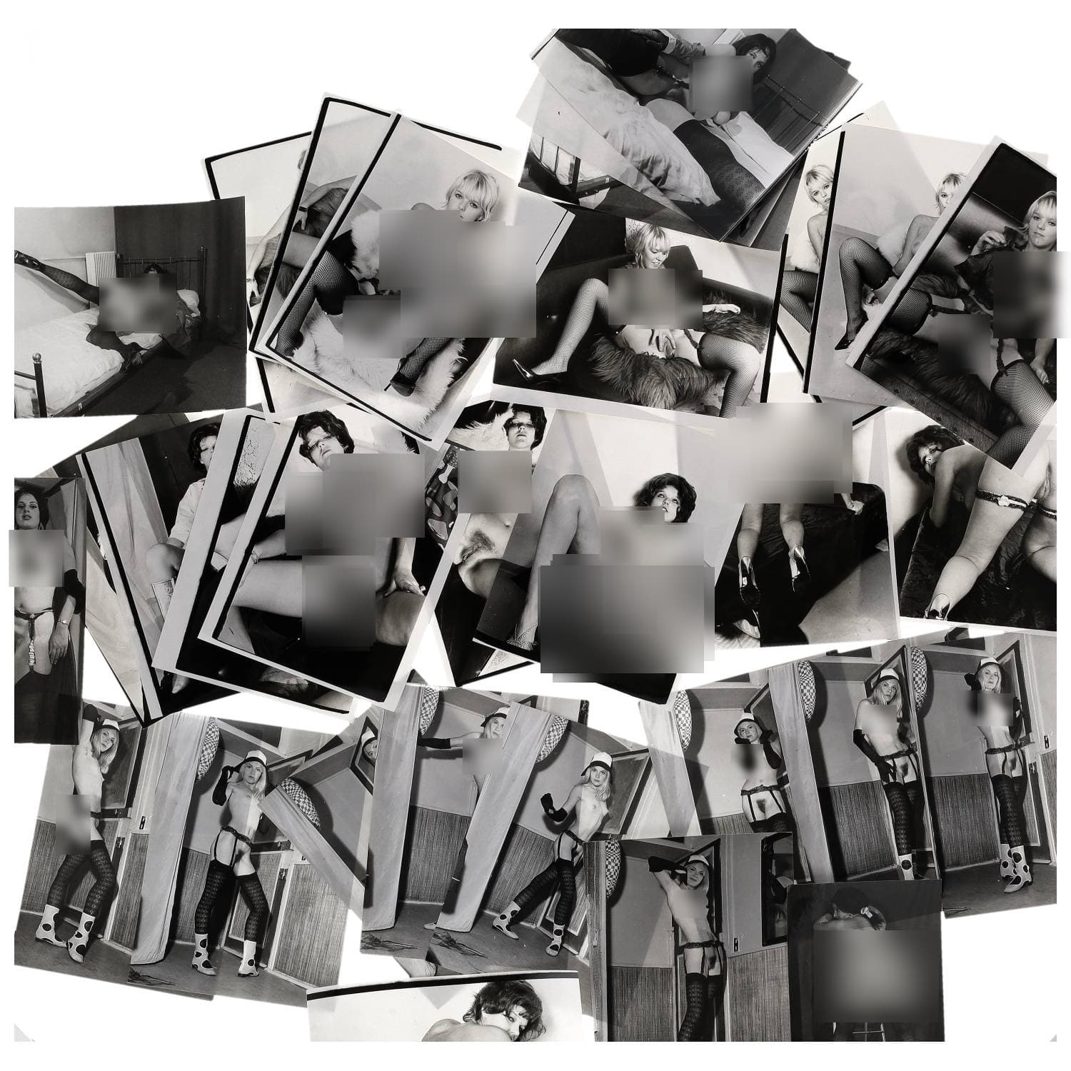 Erotica, étude de nu, photographies érotiques et divers. Circa 1950-60’s. Ensemble d’une trentaine de tirages argentiques. Exemples de sujets : femmes nues, dénudées, sexe féminin, fessier, poitrine, ‘Scandinaves’, etc. Sur certains versos, annotations. Divers états (dont gondolements, plis et traces) et formats entiers moyens environ 24 x 18 cm.