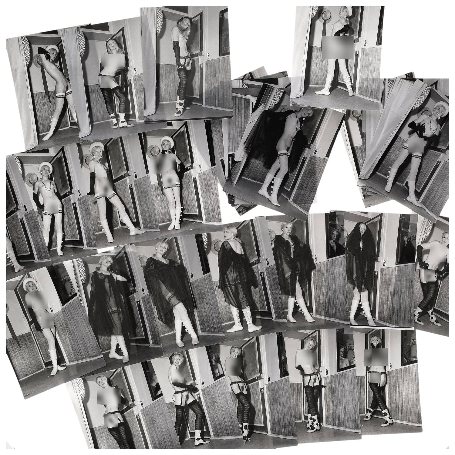 Erotica, étude de nu, photographies érotiques et divers. Circa 1950-60’s. Ensemble d’une trentaine de tirages argentiques. Exemples de sujets : femmes nues, dénudées, sexe féminin, fessier, poitrine, ‘Scandinaves’, etc. Sur certains versos, annotations. Divers états (dont gondolements, plis et traces) et formats entiers moyens environ 24 x 18 cm.