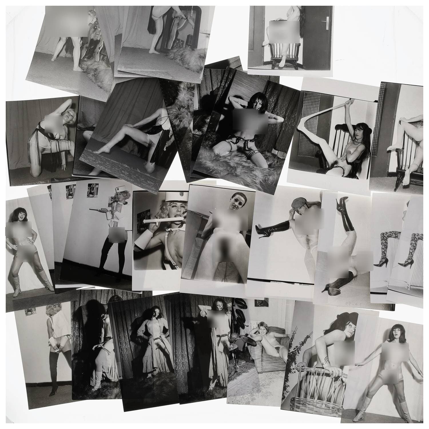Erotica, étude de nu, photographies érotiques et divers. Circa 1950-60’s. Ensemble d’une trentaine de tirages argentiques. Exemples de sujets : femmes nues, dénudées, sexe féminin, fessier, poitrine, ‘Scandinaves’, etc. Sur certains versos, annotations. Divers états (dont gondolements, plis et traces) et formats entiers moyens environ 24 x 18 cm.