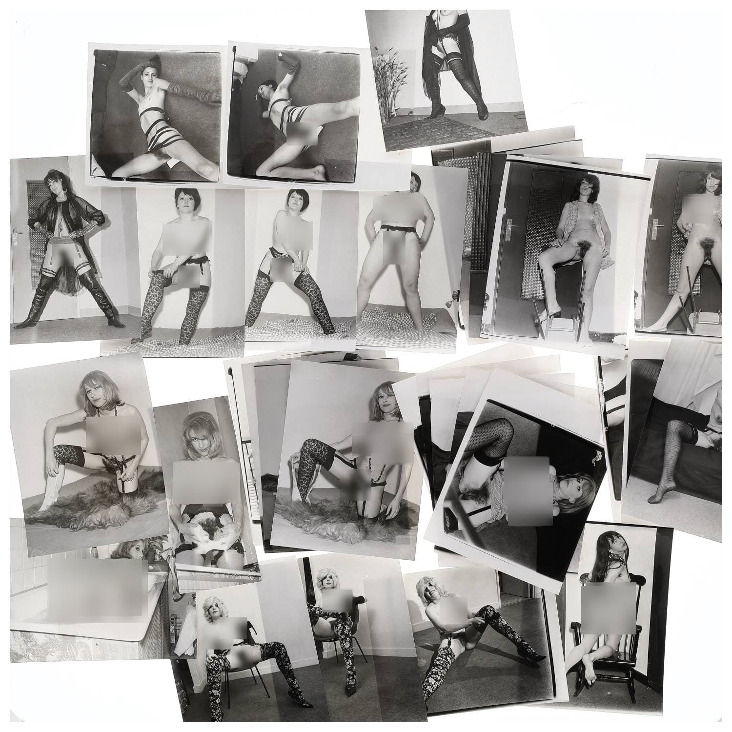 Erotica, étude de nu, photographies érotiques et divers. Circa 1950-60’s. Ensemble d’une trentaine de tirages argentiques. Exemples de sujets : femmes nues, dénudées, sexe féminin, fessier, poitrine, ‘Scandinaves’, etc. Sur certains versos, annotations. Divers états (dont gondolements, plis et traces) et formats entiers moyens environ 24 x 18 cm.