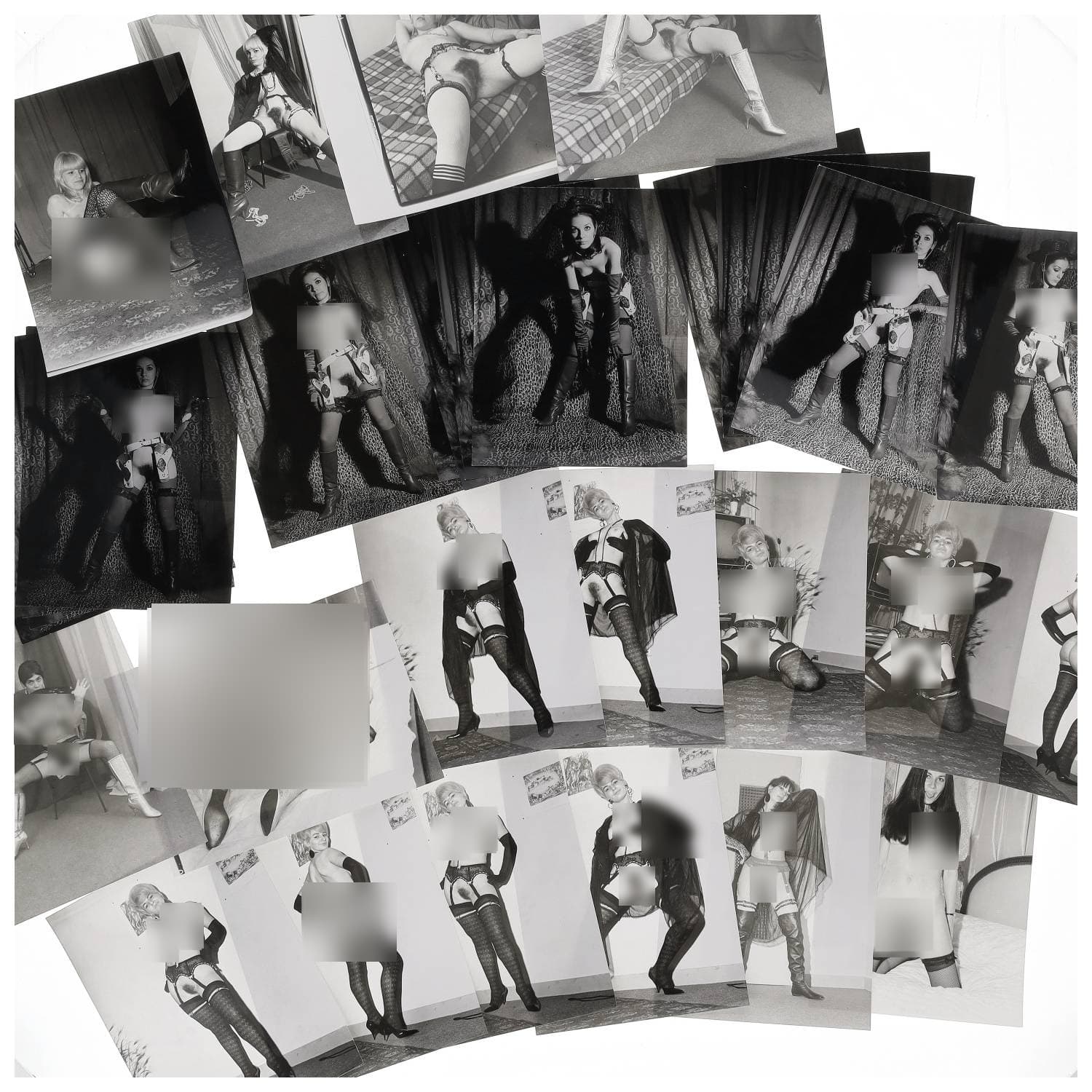 Erotica, étude de nu, photographies érotiques et divers. Circa 1950-60’s. Ensemble d’une trentaine de tirages argentiques. Exemples de sujets : femmes nues, dénudées, sexe féminin, fessier, poitrine, ‘Scandinaves’, etc. Sur certains versos, annotations. Divers états (dont gondolements, plis et traces) et formats entiers moyens environ 24 x 18 cm.