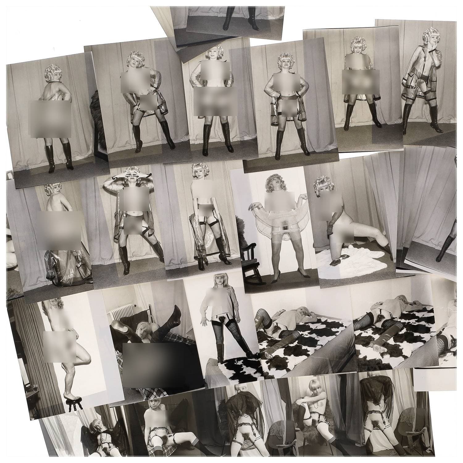 Erotica, étude de nu, photographies érotiques et divers. Circa 1950-60’s. Ensemble d’une trentaine de tirages argentiques. Exemples de sujets : femmes nues, dénudées, sexe féminin, fessier, poitrine, ‘Scandinaves’, etc. Sur certains versos, annotations. Divers états (dont gondolements, plis et traces) et formats entiers moyens environ 24 x 18 cm.