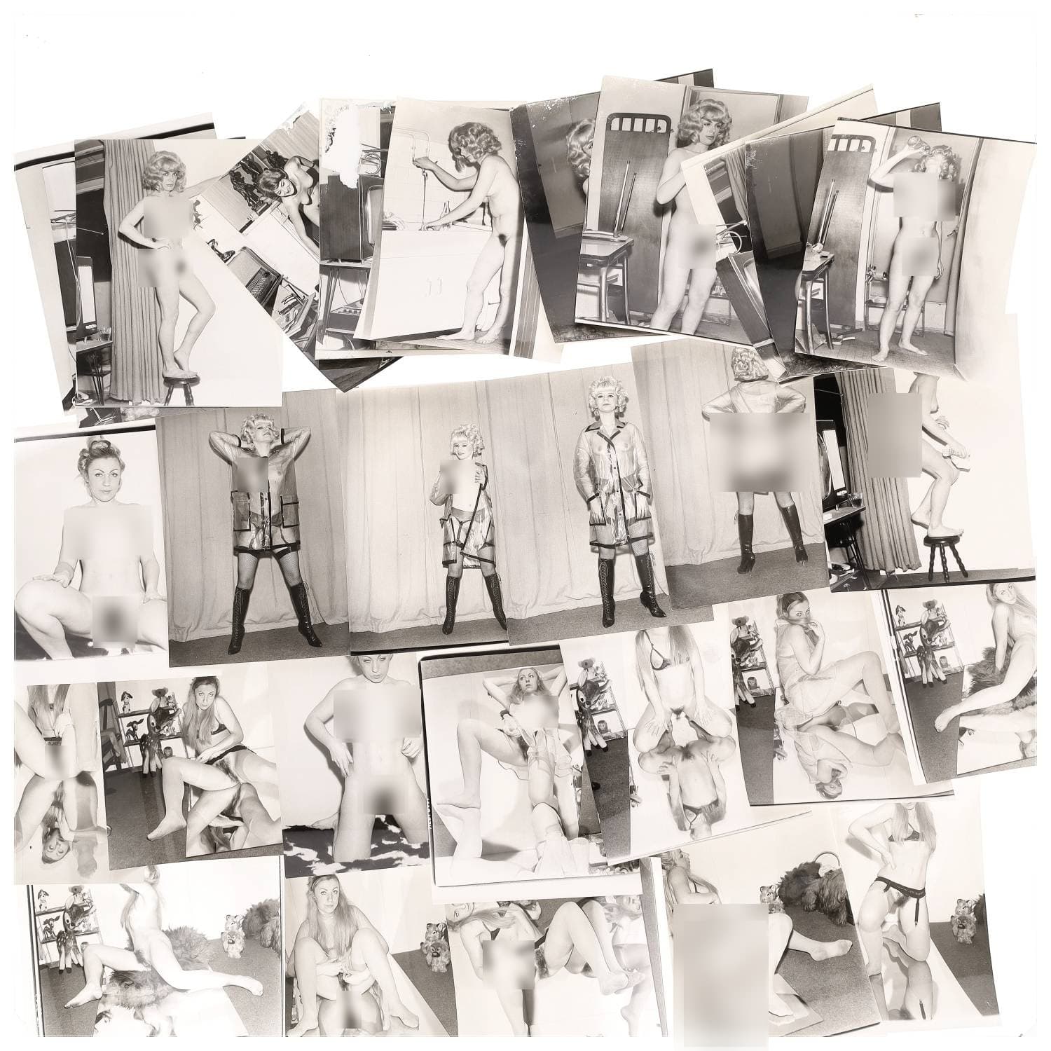 Erotica, étude de nu, photographies érotiques et divers. Circa 1950-60’s. Ensemble d’une trentaine de tirages argentiques. Exemples de sujets : femmes nues, dénudées, sexe féminin, fessier, poitrine, ‘Scandinaves’, etc. Sur certains versos, annotations. Divers états (dont gondolements, plis et traces) et formats entiers moyens environ 24 x 18 cm.