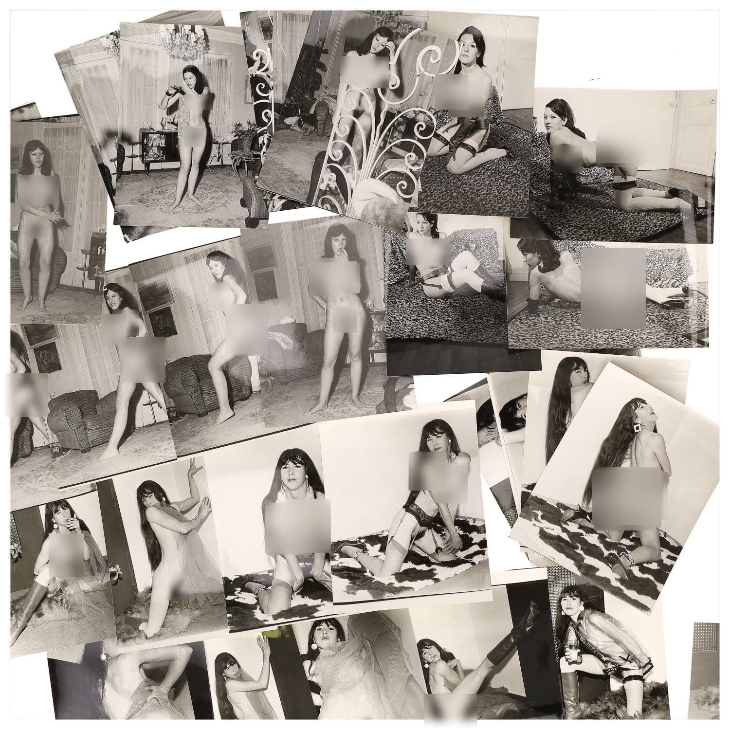 Erotica, étude de nu, photographies érotiques et divers. Circa 1950-60’s. Ensemble d’une trentaine de tirages argentiques. Exemples de sujets : femmes nues, dénudées, sexe féminin, fessier, poitrine, ‘Scandinaves’, etc. Sur certains versos, annotations. Divers états (dont gondolements, plis et traces) et formats entiers moyens environ 24 x 18 cm.