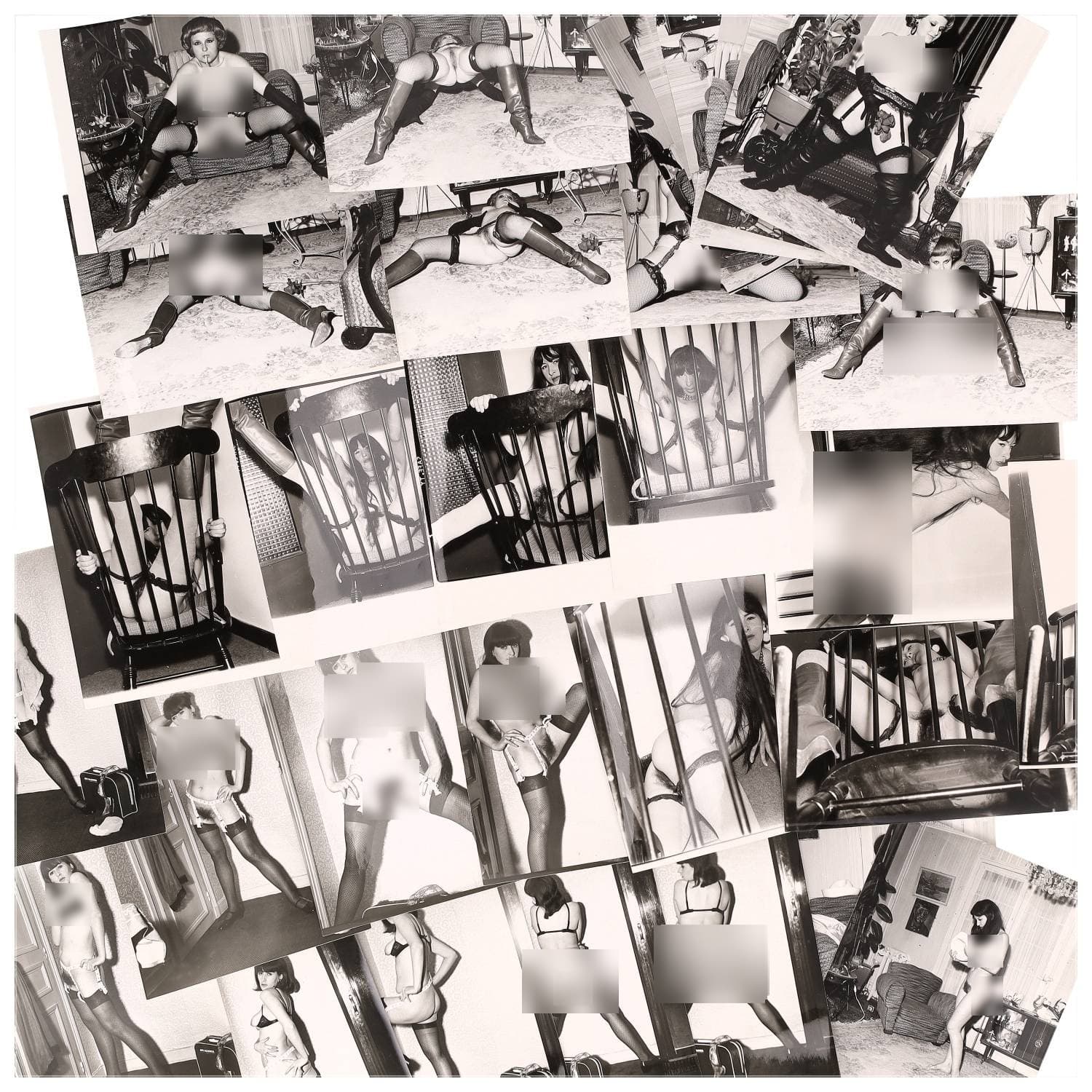 Erotica, étude de nu, photographies érotiques et divers. Circa 1950-60’s. Ensemble d’une trentaine de tirages argentiques. Exemples de sujets : femmes nues, dénudées, sexe féminin, fessier, poitrine, ‘Scandinaves’, etc. Sur certains versos, annotations. Divers états (dont gondolements, plis et traces) et formats entiers moyens environ 24 x 18 cm.