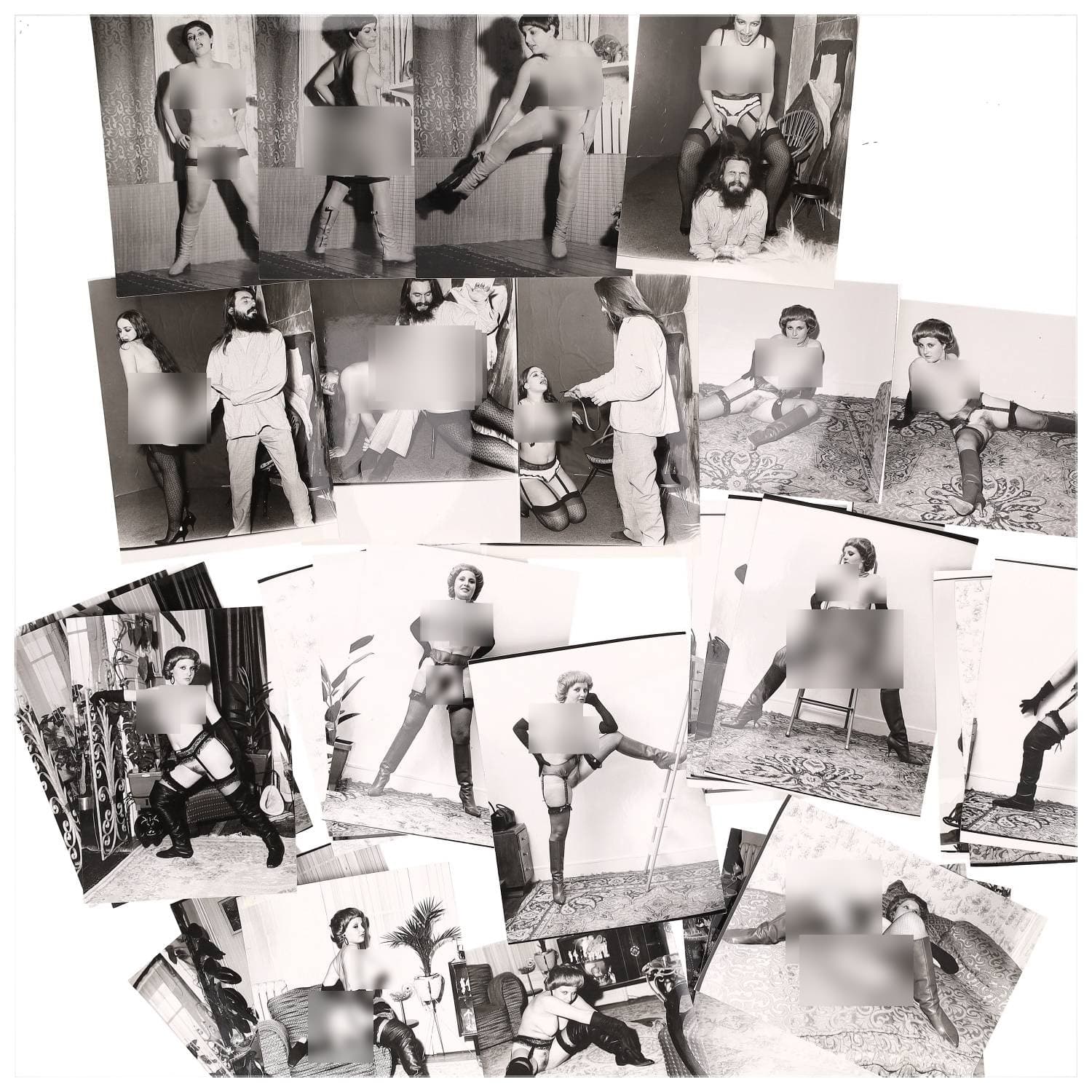 Erotica, étude de nu, photographies érotiques et divers. Circa 1950-60’s. Ensemble d’une trentaine de tirages argentiques. Exemples de sujets : femmes nues, dénudées, sexe féminin, fessier, poitrine, ‘Scandinaves’, etc. Sur certains versos, annotations. Divers états (dont gondolements, plis et traces) et formats entiers moyens environ 24 x 18 cm.