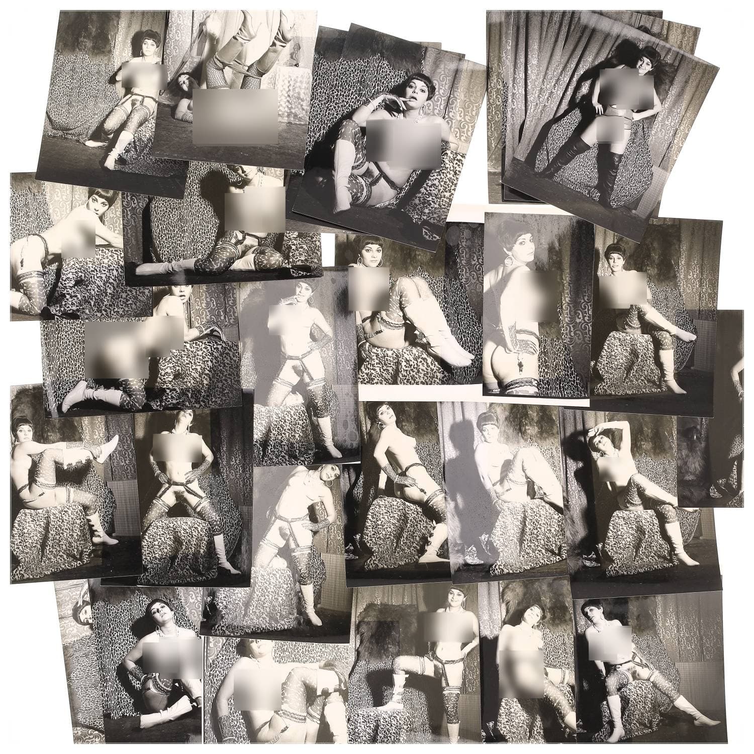 Erotica, étude de nu, photographies érotiques et divers. Circa 1950-60’s. Ensemble d’une trentaine de tirages argentiques. Exemples de sujets : femmes nues, dénudées, sexe féminin, fessier, poitrine, ‘Scandinaves’, etc. Sur certains versos, annotations. Divers états (dont gondolements, plis et traces) et formats entiers moyens environ 24 x 18 cm.