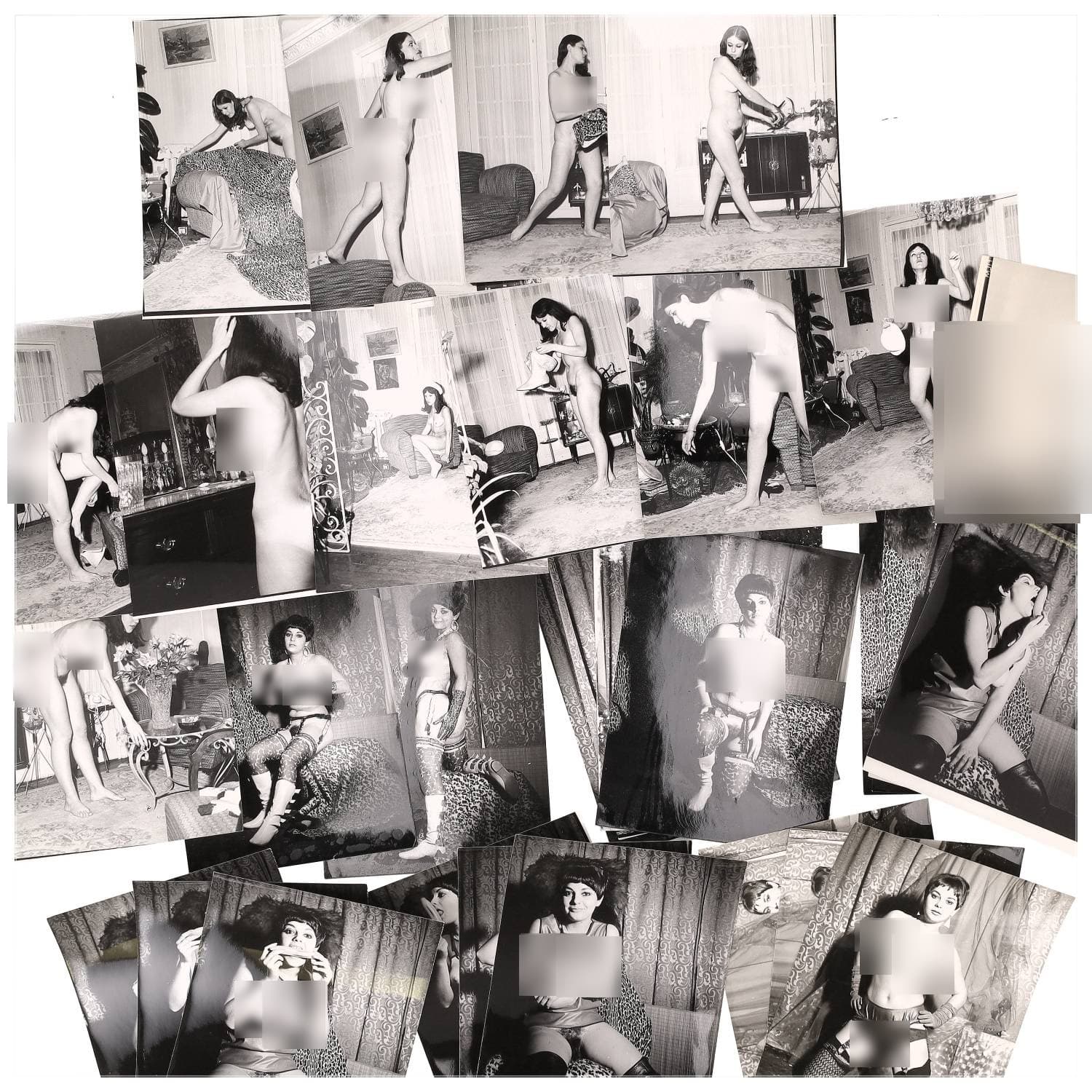 Erotica, étude de nu, photographies érotiques et divers. Circa 1950-60’s. Ensemble d’une trentaine de tirages argentiques. Exemples de sujets : femmes nues, dénudées, sexe féminin, fessier, poitrine, ‘Scandinaves’, etc. Sur certains versos, annotations. Divers états (dont gondolements, plis et traces) et formats entiers moyens environ 24 x 18 cm.