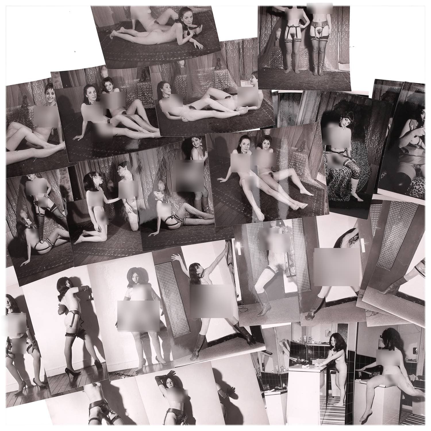 Erotica, étude de nu, photographies érotiques et divers. Circa 1950-60’s. Ensemble d’une trentaine de tirages argentiques. Exemples de sujets : femmes nues, dénudées, sexe féminin, fessier, poitrine, ‘Scandinaves’, etc. Sur certains versos, annotations. Divers états (dont gondolements, plis et traces) et formats entiers moyens environ 24 x 18 cm.