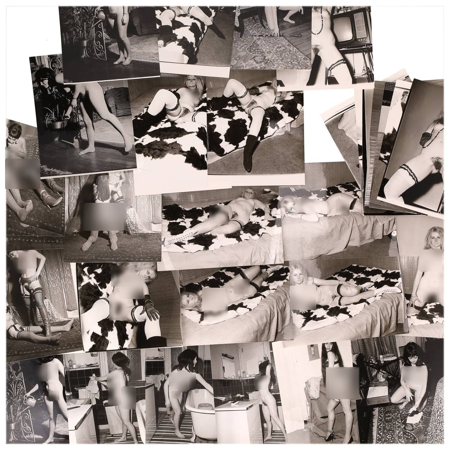 Erotica, étude de nu, photographies érotiques et divers. Circa 1950-60’s. Ensemble d’une trentaine de tirages argentiques. Exemples de sujets : femmes nues, dénudées, sexe féminin, fessier, poitrine, ‘Scandinaves’, etc. Sur certains versos, annotations. Divers états (dont gondolements, plis et traces) et formats entiers moyens environ 24 x 18 cm.