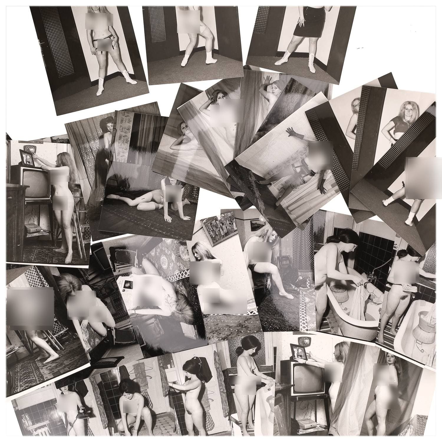 Erotica, étude de nu, photographies érotiques et divers. Circa 1950-60’s. Ensemble d’une trentaine de tirages argentiques. Exemples de sujets : femmes nues, dénudées, sexe féminin, fessier, poitrine, ‘Scandinaves’, etc. Sur certains versos, annotations. Divers états (dont gondolements, plis et traces) et formats entiers moyens environ 24 x 18 cm.