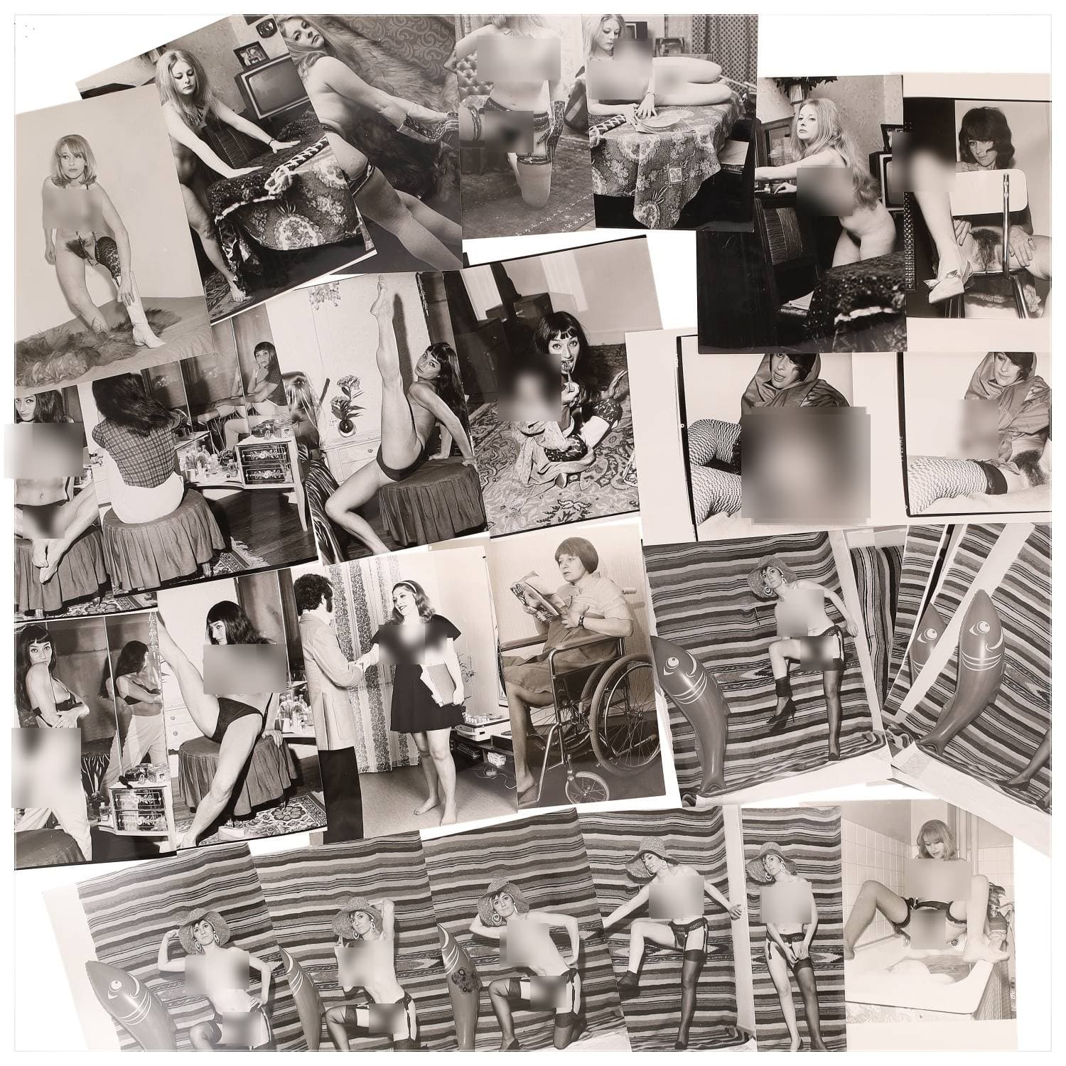 Erotica, étude de nu, photographies érotiques et divers. Circa 1950-60’s. Ensemble d’une trentaine de tirages argentiques. Exemples de sujets : femmes nues, dénudées, sexe féminin, fessier, poitrine, ‘Scandinaves’, etc. Sur certains versos, annotations. Divers états (dont gondolements, plis et traces) et formats entiers moyens environ 24 x 18 cm.