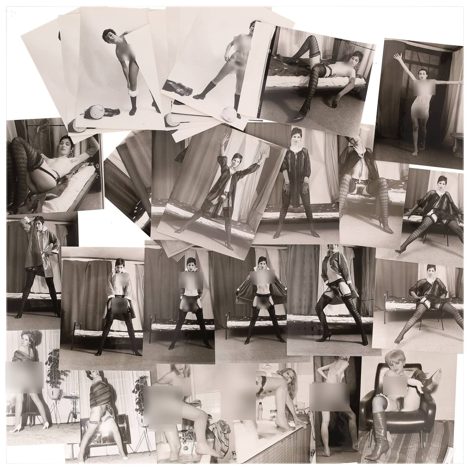 Erotica, étude de nu, photographies érotiques et divers. Circa 1950-60’s. Ensemble d’une trentaine de tirages argentiques. Exemples de sujets : femmes nues, dénudées, sexe féminin, fessier, poitrine, ‘Scandinaves’, etc. Sur certains versos, annotations. Divers états (dont gondolements, plis et traces) et formats entiers moyens environ 24 x 18 cm.