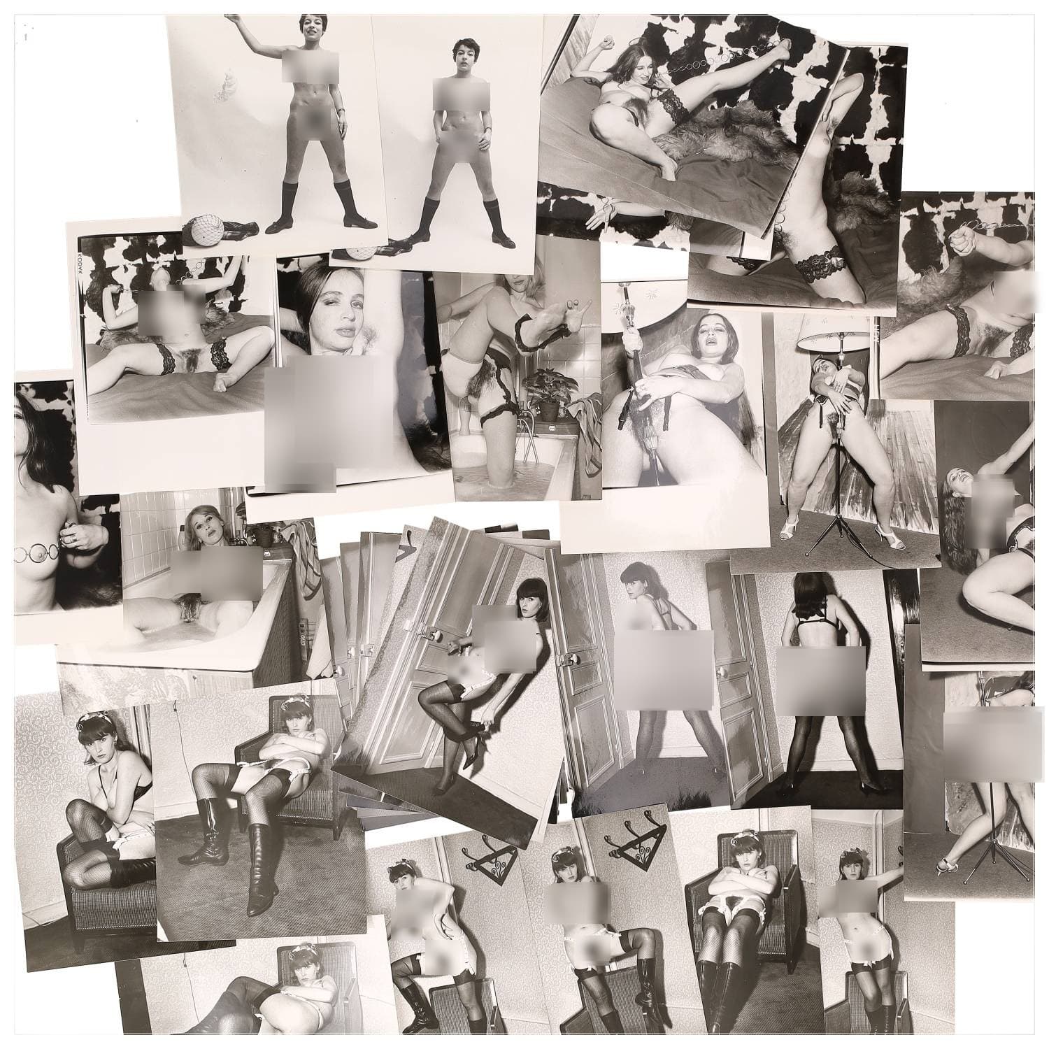 Erotica, étude de nu, photographies érotiques et divers. Circa 1950-60’s. Ensemble d’une trentaine de tirages argentiques. Exemples de sujets : femmes nues, dénudées, sexe féminin, fessier, poitrine, ‘Scandinaves’, etc. Sur certains versos, annotations. Divers états (dont gondolements, plis et traces) et formats entiers moyens environ 24 x 18 cm.