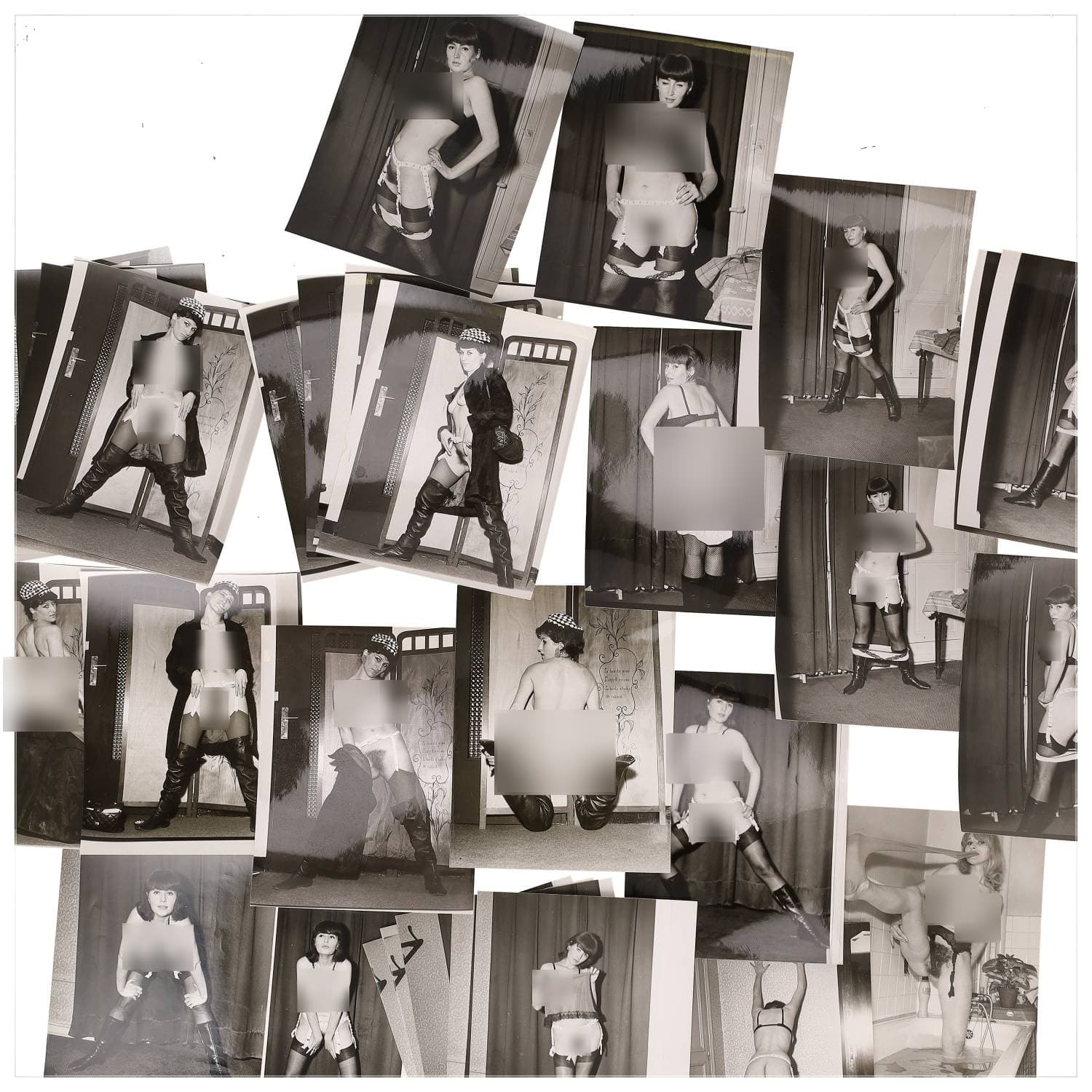 Erotica, étude de nu, photographies érotiques et divers. Circa 1950-60’s. Ensemble d’une trentaine de tirages argentiques. Exemples de sujets : femmes nues, dénudées, sexe féminin, fessier, poitrine, ‘Scandinaves’, etc. Sur certains versos, annotations. Divers états (dont gondolements, plis et traces) et formats entiers moyens environ 24 x 18 cm.