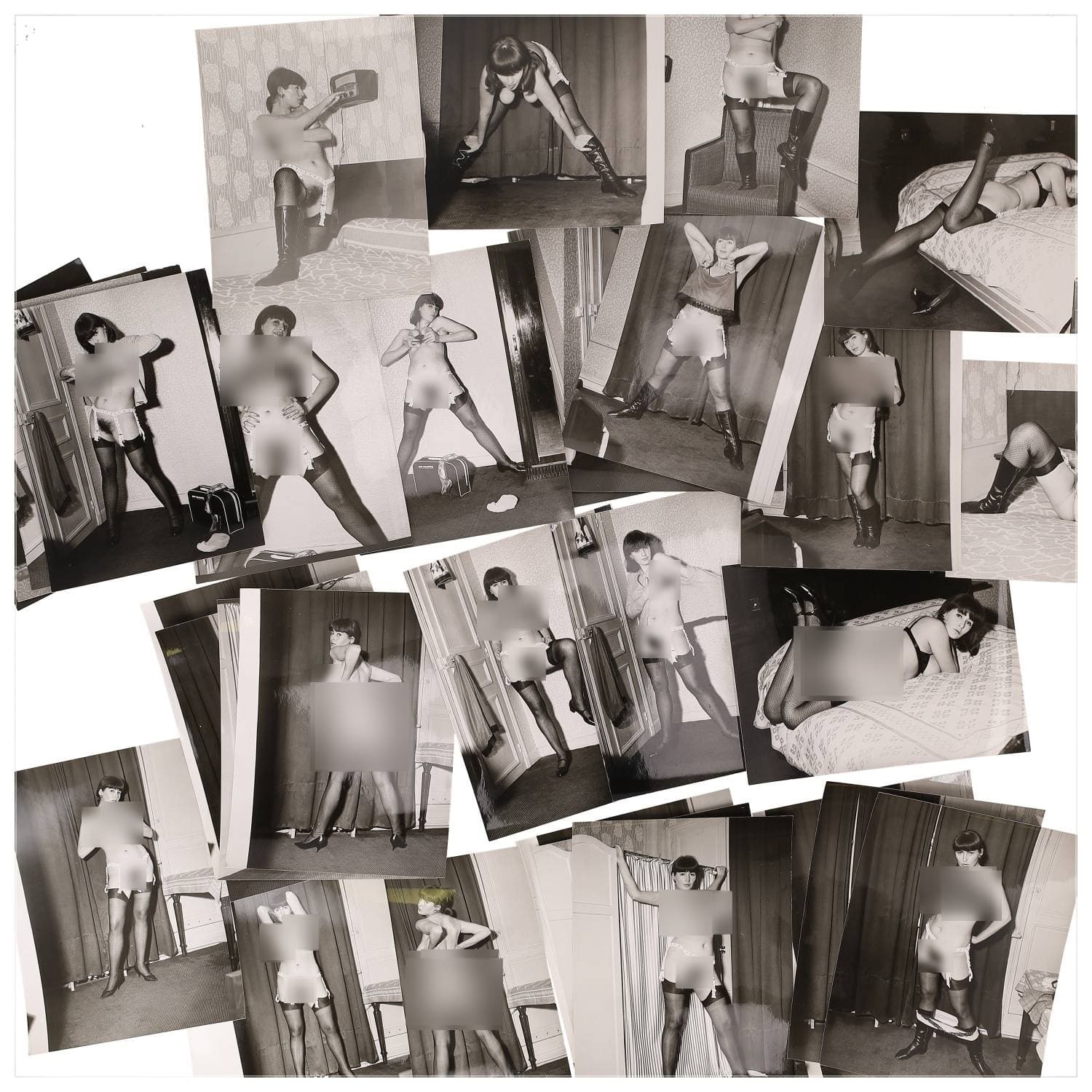 Erotica, étude de nu, photographies érotiques et divers. Circa 1950-60’s. Ensemble d’une trentaine de tirages argentiques. Exemples de sujets : femmes nues, dénudées, sexe féminin, fessier, poitrine, ‘Scandinaves’, etc. Sur certains versos, annotations. Divers états (dont gondolements, plis et traces) et formats entiers moyens environ 24 x 18 cm.