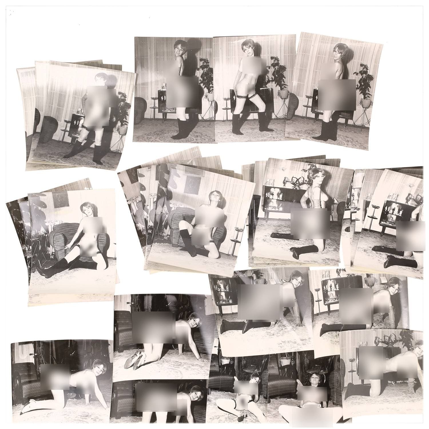 Erotica, étude de nu, photographies érotiques et divers. Circa 1950-60’s. Ensemble d’une trentaine de tirages argentiques. Exemples de sujets : femmes nues, dénudées, sexe féminin, fessier, poitrine, ‘Scandinaves’, etc. Sur certains versos, annotations. Divers états (dont gondolements, plis et traces) et formats entiers moyens environ 24 x 18 cm.