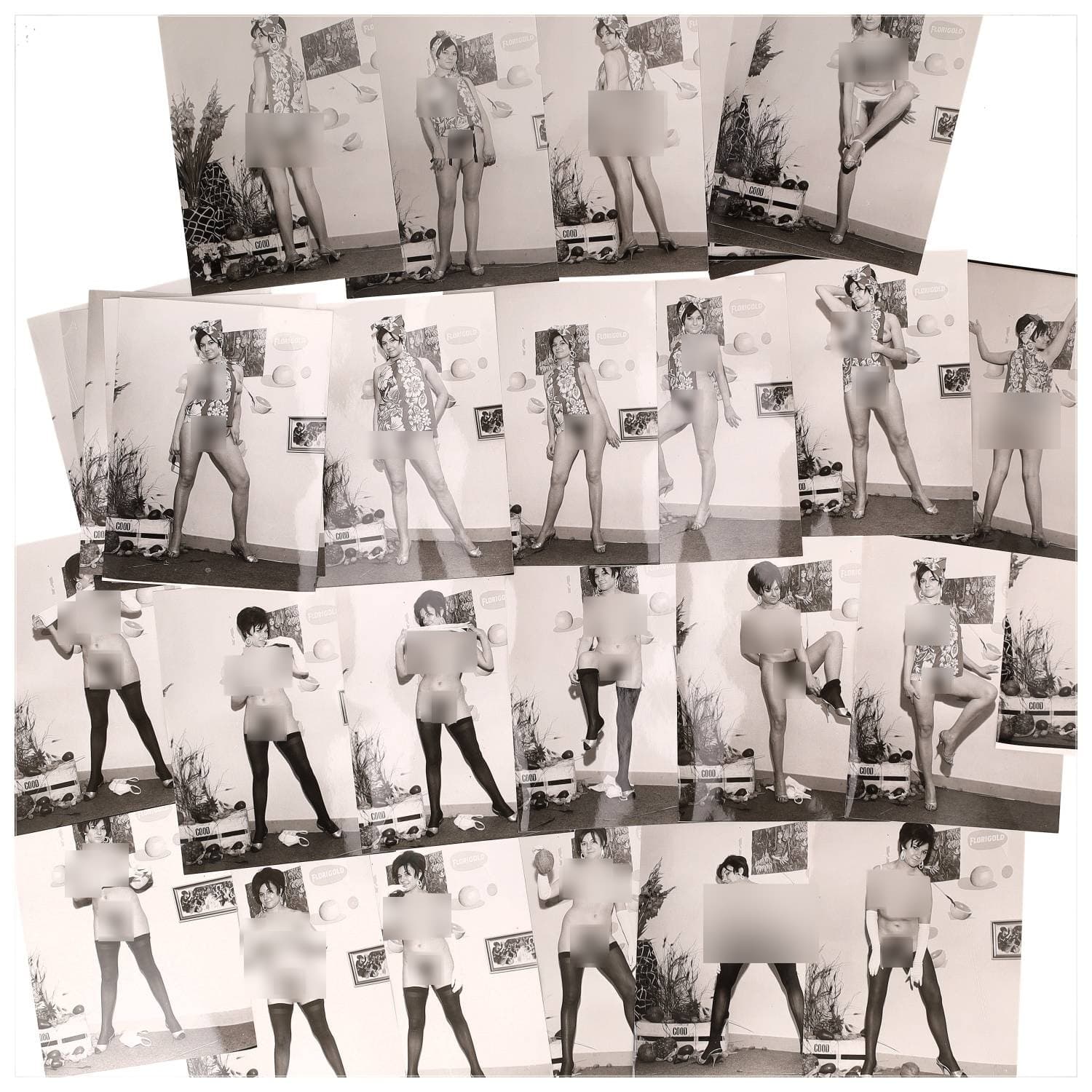 Erotica, étude de nu, photographies érotiques et divers. Circa 1950-60’s. Ensemble d’une trentaine de tirages argentiques. Exemples de sujets : femmes nues, dénudées, sexe féminin, fessier, poitrine, ‘Scandinaves’, etc. Sur certains versos, annotations. Divers états (dont gondolements, plis et traces) et formats entiers moyens environ 24 x 18 cm.