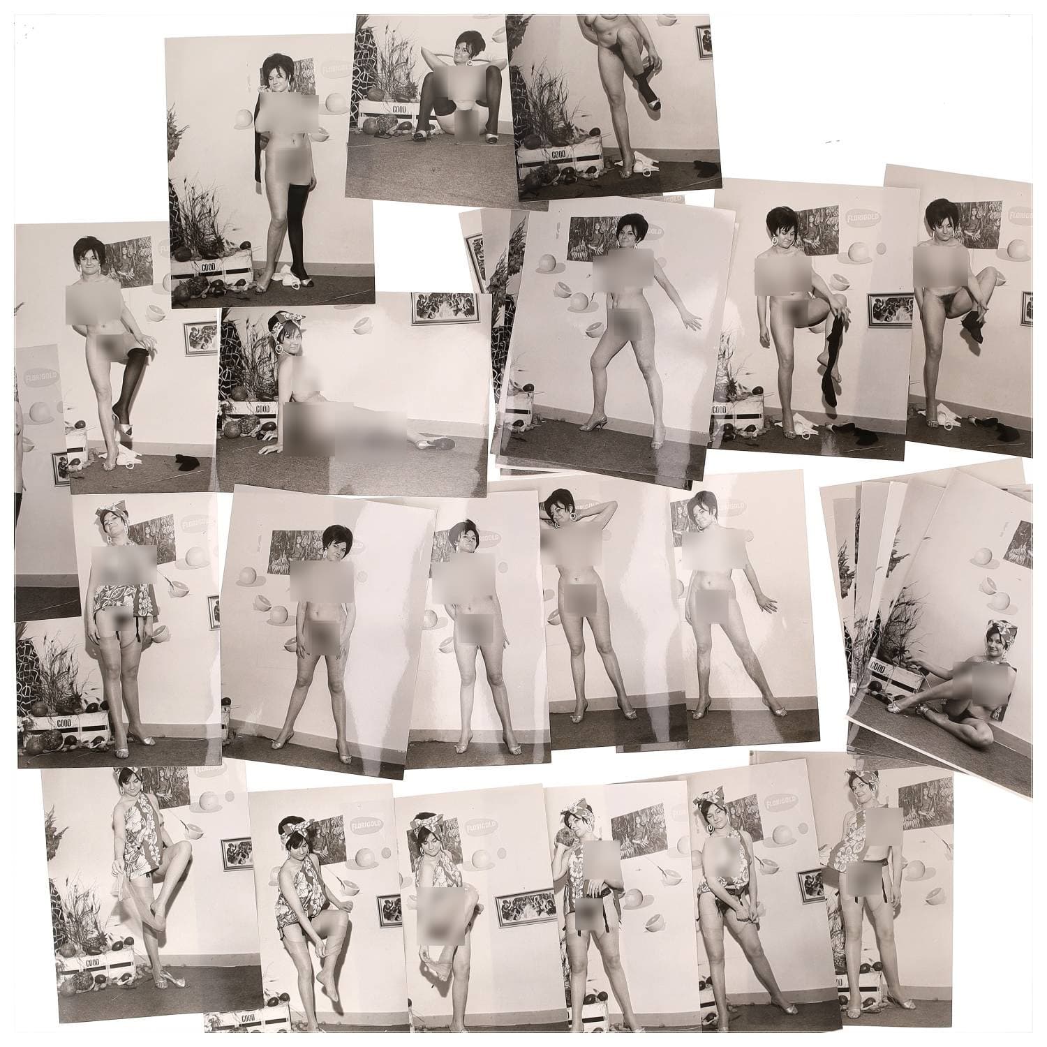 Erotica, étude de nu, photographies érotiques et divers. Circa 1950-60’s. Ensemble d’une trentaine de tirages argentiques. Exemples de sujets : femmes nues, dénudées, sexe féminin, fessier, poitrine, ‘Scandinaves’, etc. Sur certains versos, annotations. Divers états (dont gondolements, plis et traces) et formats entiers moyens environ 24 x 18 cm.