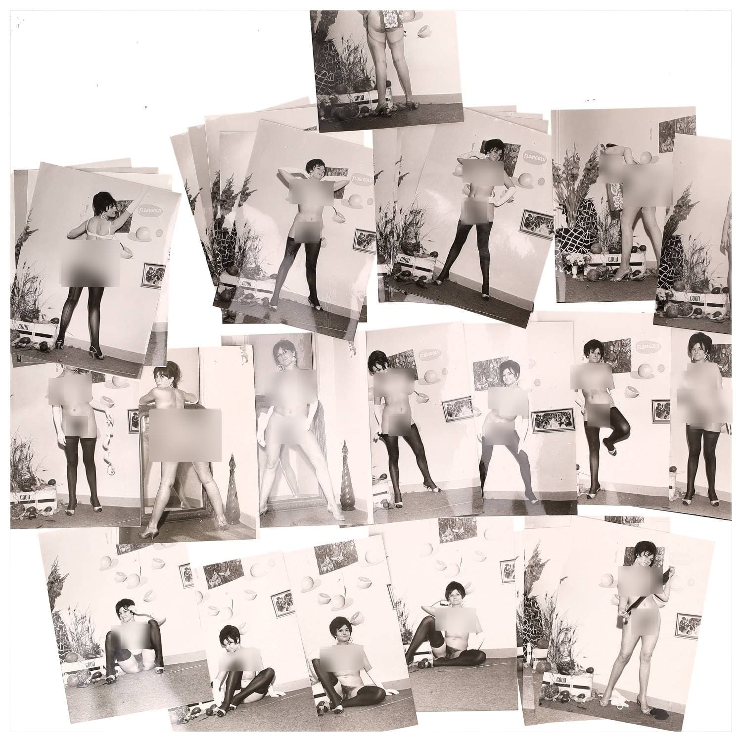 Erotica, étude de nu, photographies érotiques et divers. Circa 1950-60’s. Ensemble d’une trentaine de tirages argentiques. Exemples de sujets : femmes nues, dénudées, sexe féminin, fessier, poitrine, ‘Scandinaves’, etc. Sur certains versos, annotations. Divers états (dont gondolements, plis et traces) et formats entiers moyens environ 24 x 18 cm.