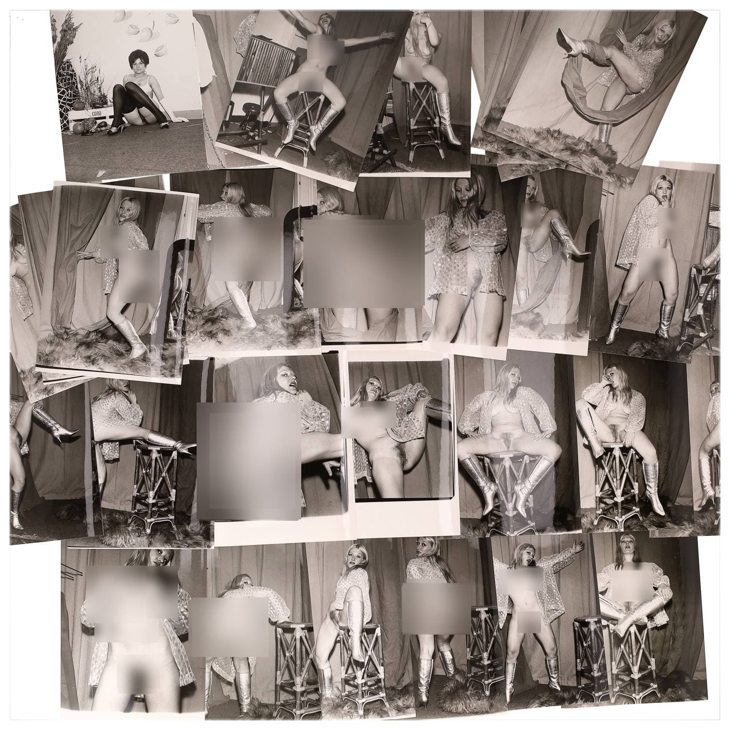 Erotica, étude de nu, photographies érotiques et divers. Circa 1950-60’s. Ensemble d’une trentaine de tirages argentiques. Exemples de sujets : femmes nues, dénudées, sexe féminin, fessier, poitrine, ‘Scandinaves’, etc. Sur certains versos, annotations. Divers états (dont gondolements, plis et traces) et formats entiers moyens environ 24 x 18 cm.