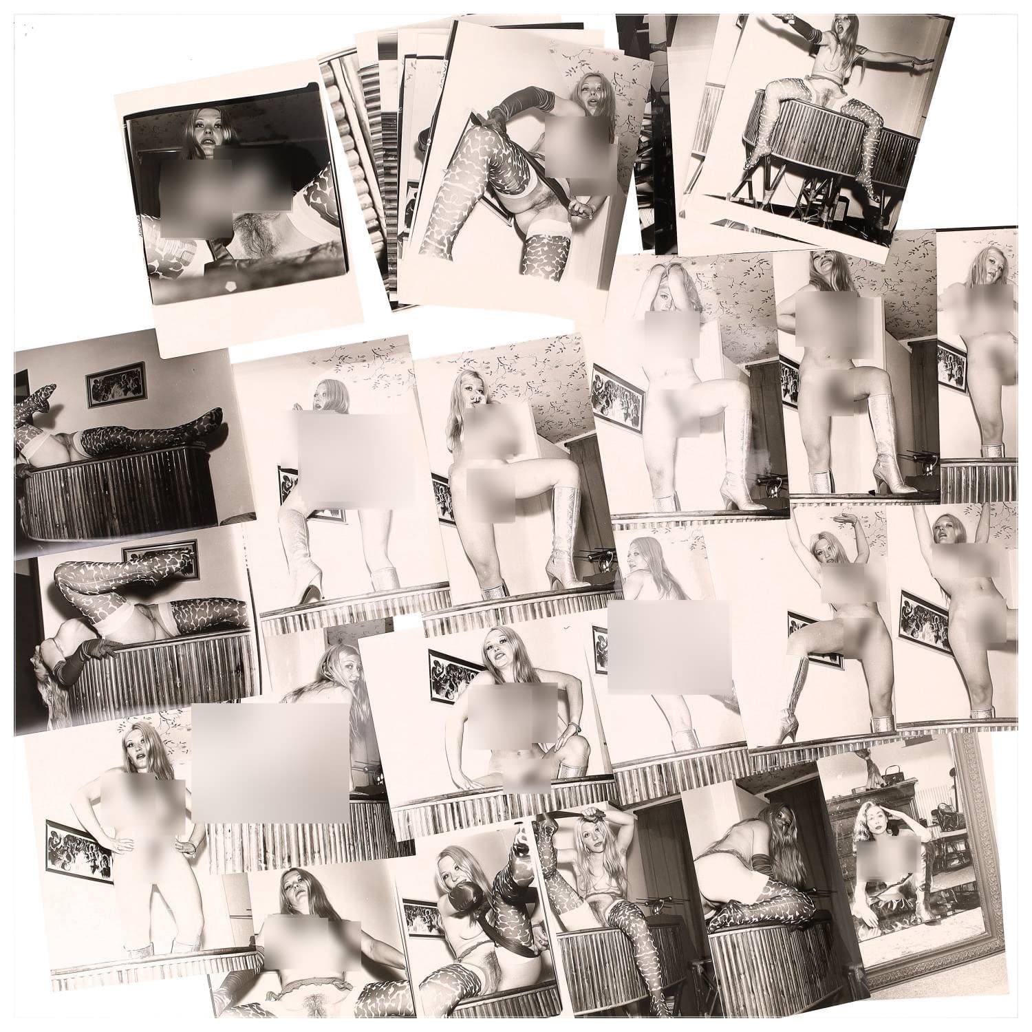 Erotica, étude de nu, photographies érotiques et divers. Circa 1950-60’s. Ensemble d’une trentaine de tirages argentiques. Exemples de sujets : femmes nues, dénudées, sexe féminin, fessier, poitrine, ‘Scandinaves’, etc. Sur certains versos, annotations. Divers états (dont gondolements, plis et traces) et formats entiers moyens environ 24 x 18 cm.