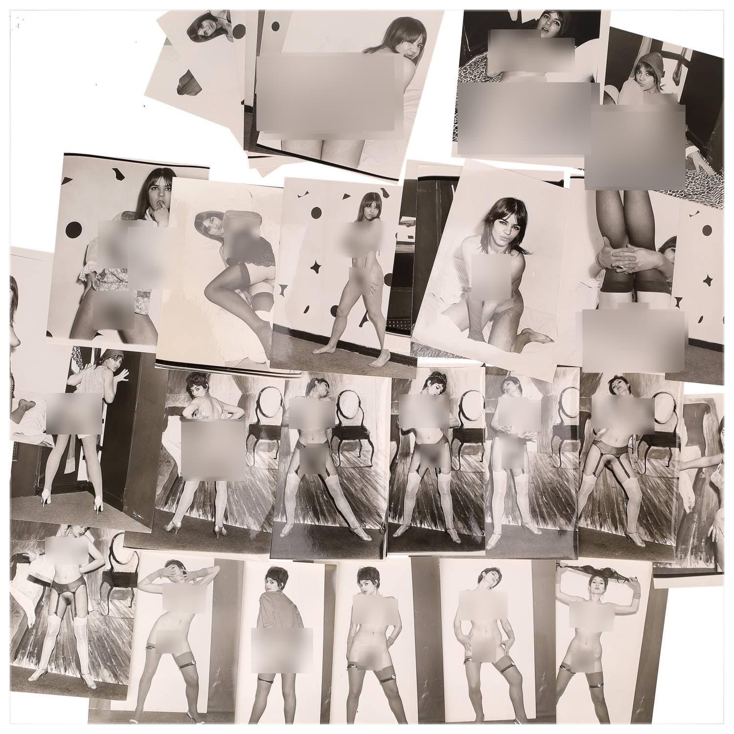 Erotica, étude de nu, photographies érotiques et divers. Circa 1950-60’s. Ensemble d’une trentaine de tirages argentiques. Exemples de sujets : femmes nues, dénudées, sexe féminin, fessier, poitrine, ‘Scandinaves’, etc. Sur certains versos, annotations. Divers états (dont gondolements, plis et traces) et formats entiers moyens environ 24 x 18 cm.