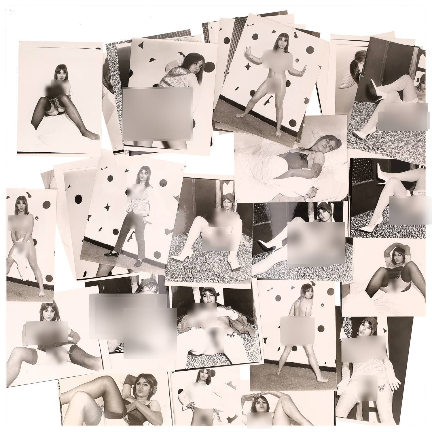 Erotica, étude de nu, photographies érotiques et divers. Circa 1950-60’s. Ensemble d’une trentaine de tirages argentiques. Exemples de sujets : femmes nues, dénudées, sexe féminin, fessier, poitrine, ‘Scandinaves’, etc. Sur certains versos, annotations. Divers états (dont gondolements, plis et traces) et formats entiers moyens environ 24 x 18 cm.